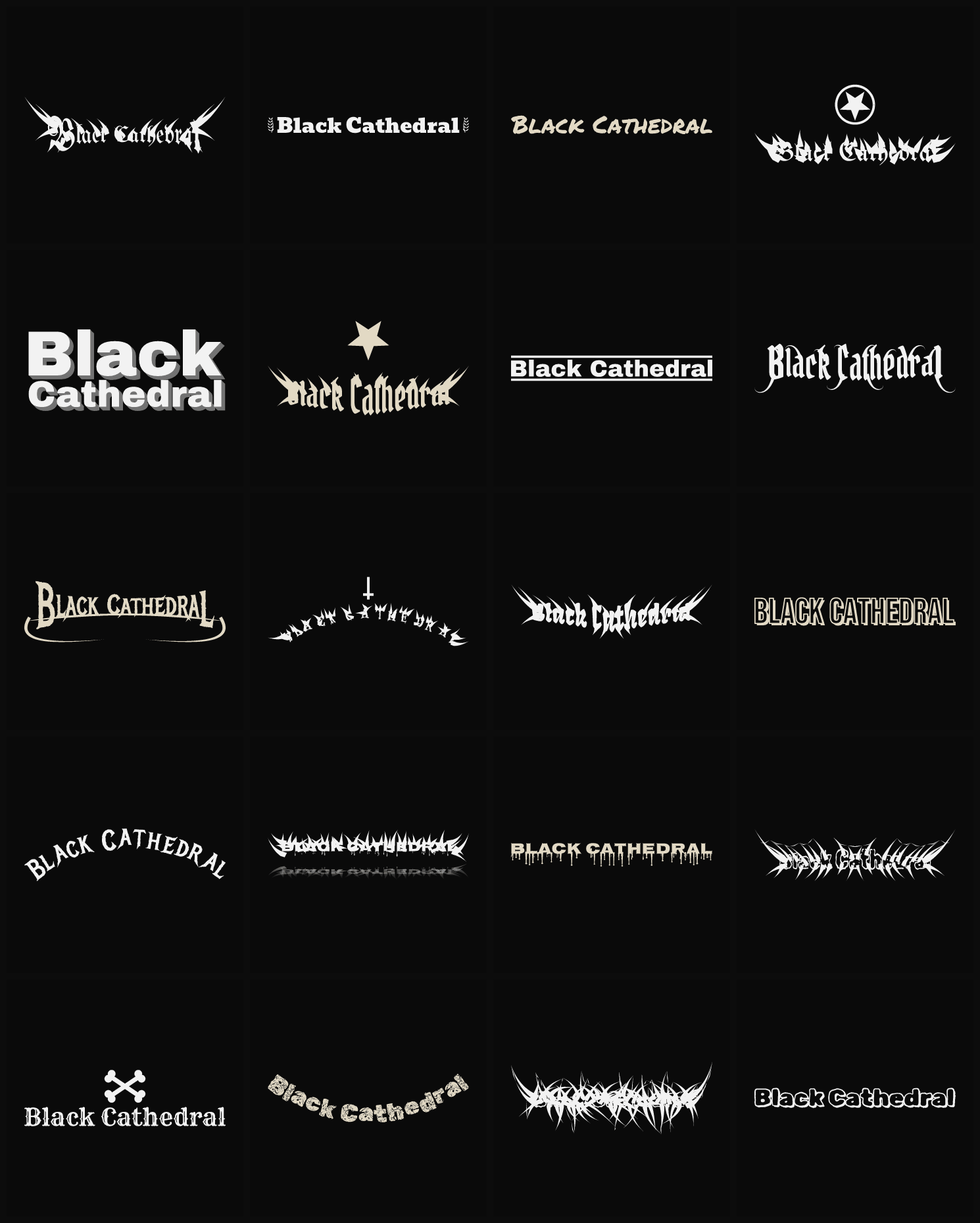 Twenty Black Cathedral band logo ideas — different faces, treatments and spike settings