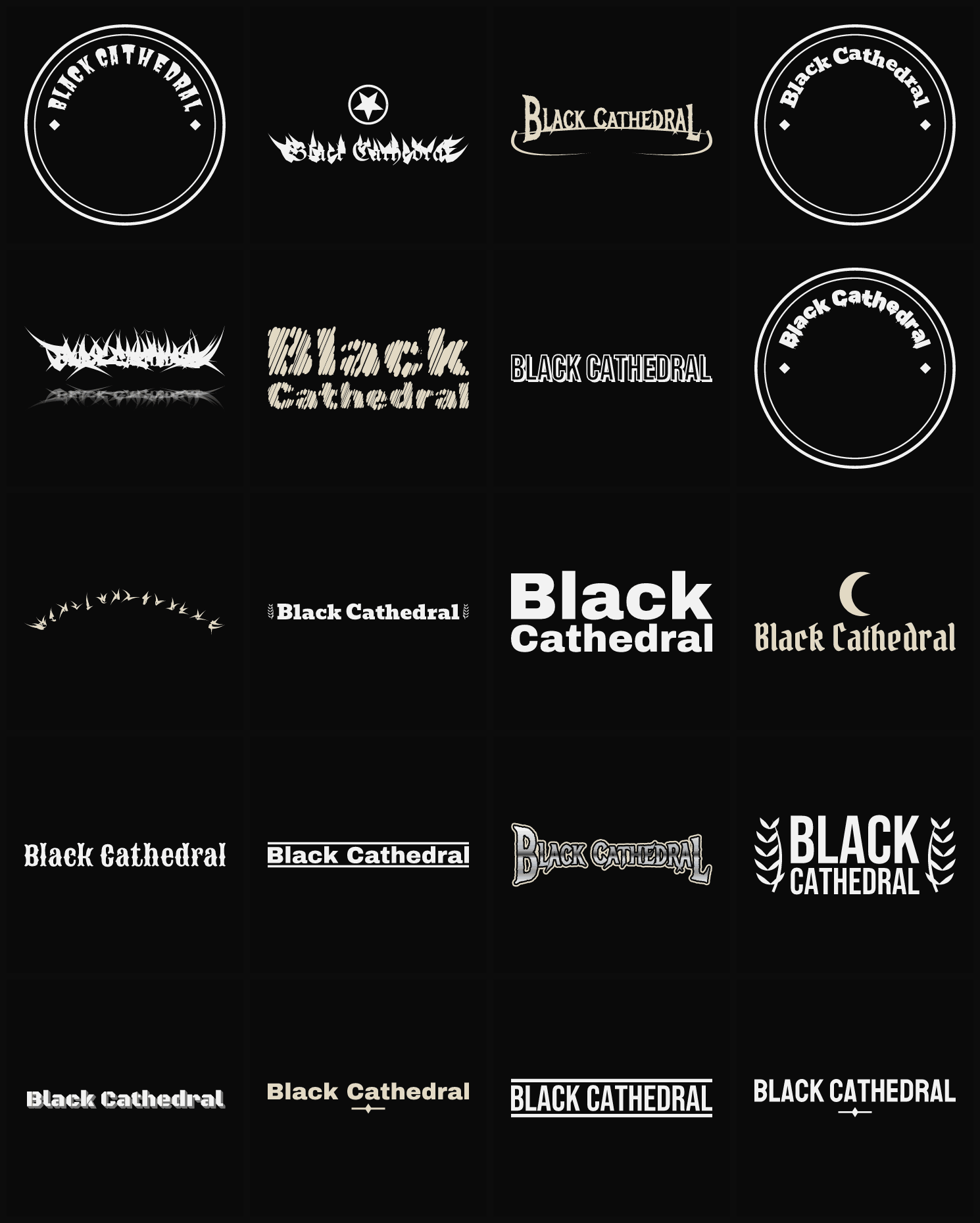 Twenty Black Cathedral band logo ideas — different faces, treatments and spike settings