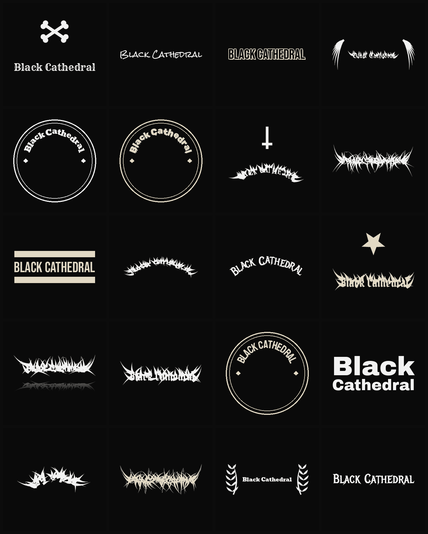 Twenty Black Cathedral band logo ideas — different faces, treatments and spike settings