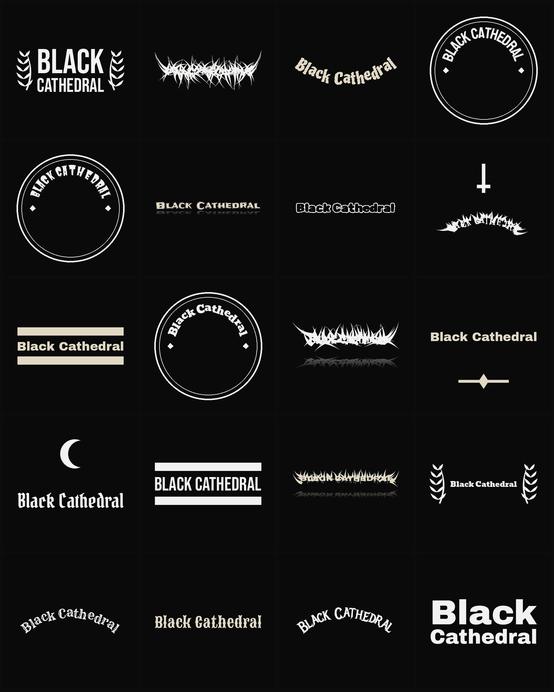 Twenty Black Cathedral band logo ideas — different faces, treatments and spike settings