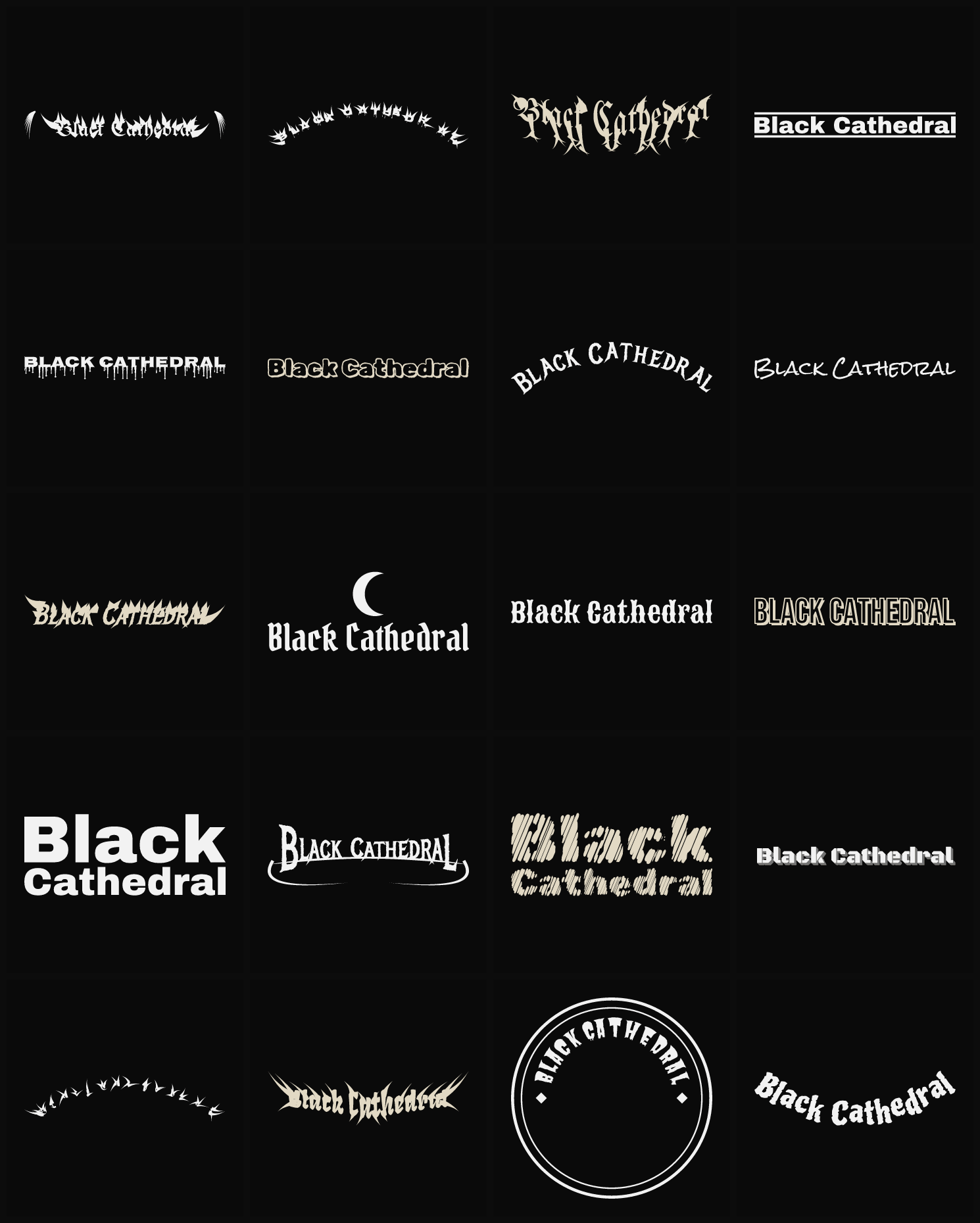 Twenty Black Cathedral band logo ideas — different faces, treatments and spike settings