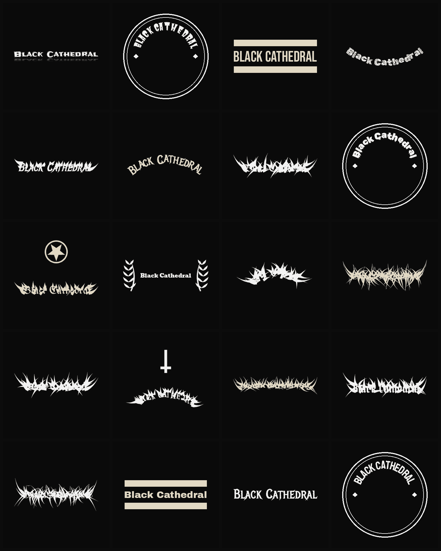Twenty Black Cathedral band logo ideas — different faces, treatments and spike settings