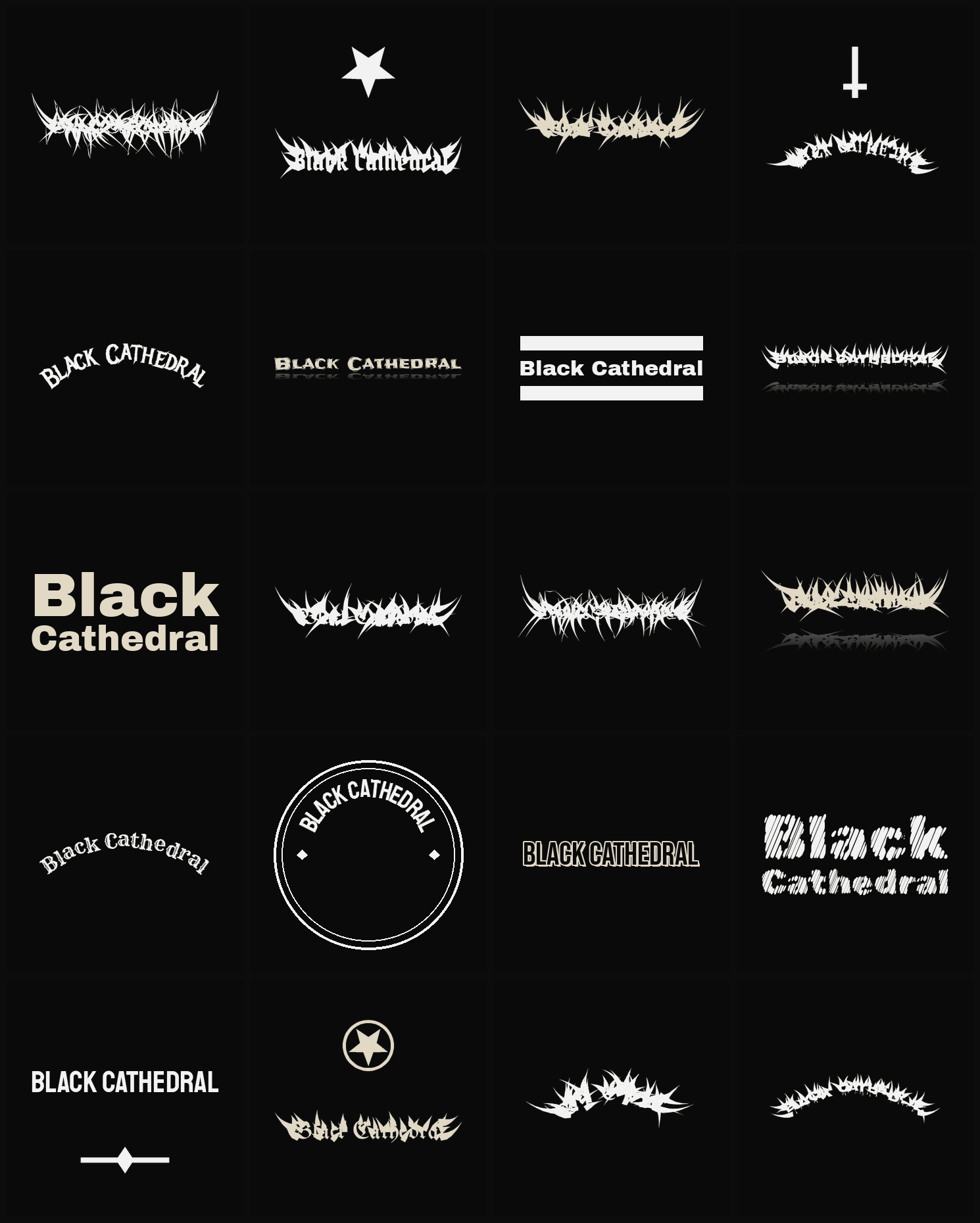 Twenty Black Cathedral band logo ideas — different faces, treatments and spike settings