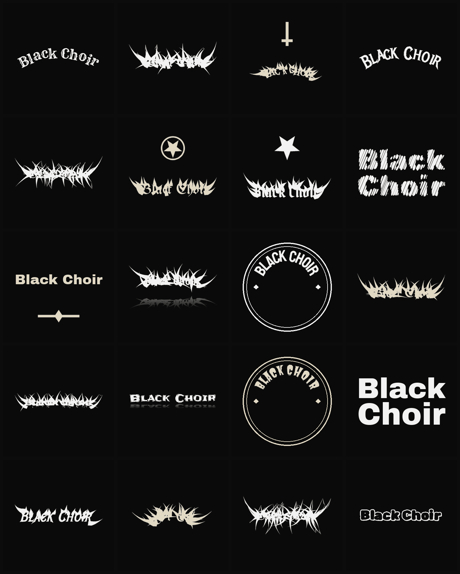 Twenty Black Choir band logo ideas — different faces, treatments and spike settings