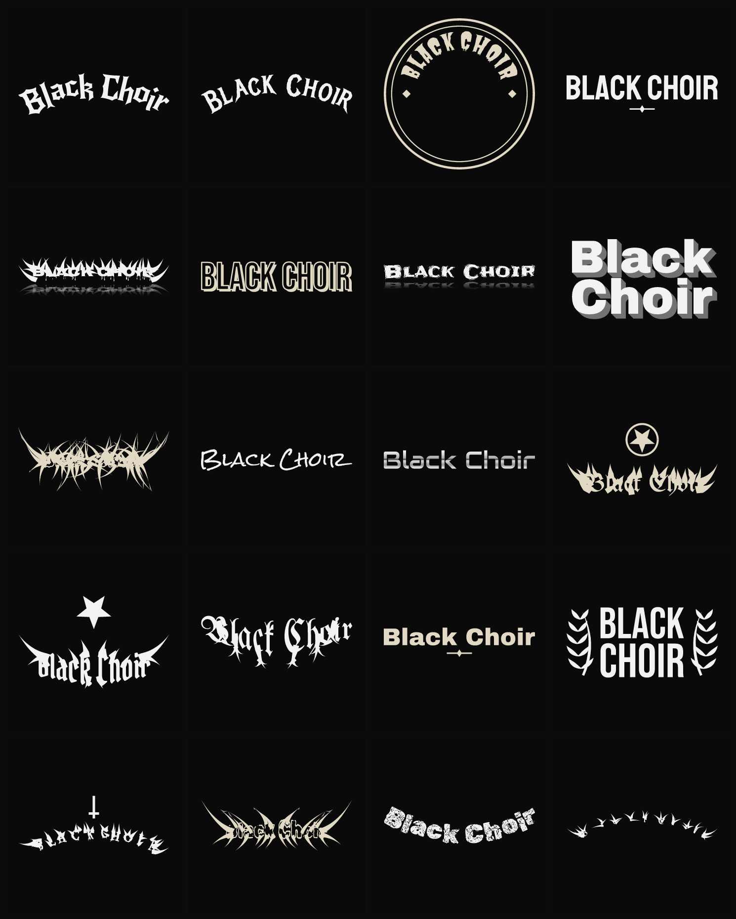 Twenty Black Choir band logo ideas — different faces, treatments and spike settings