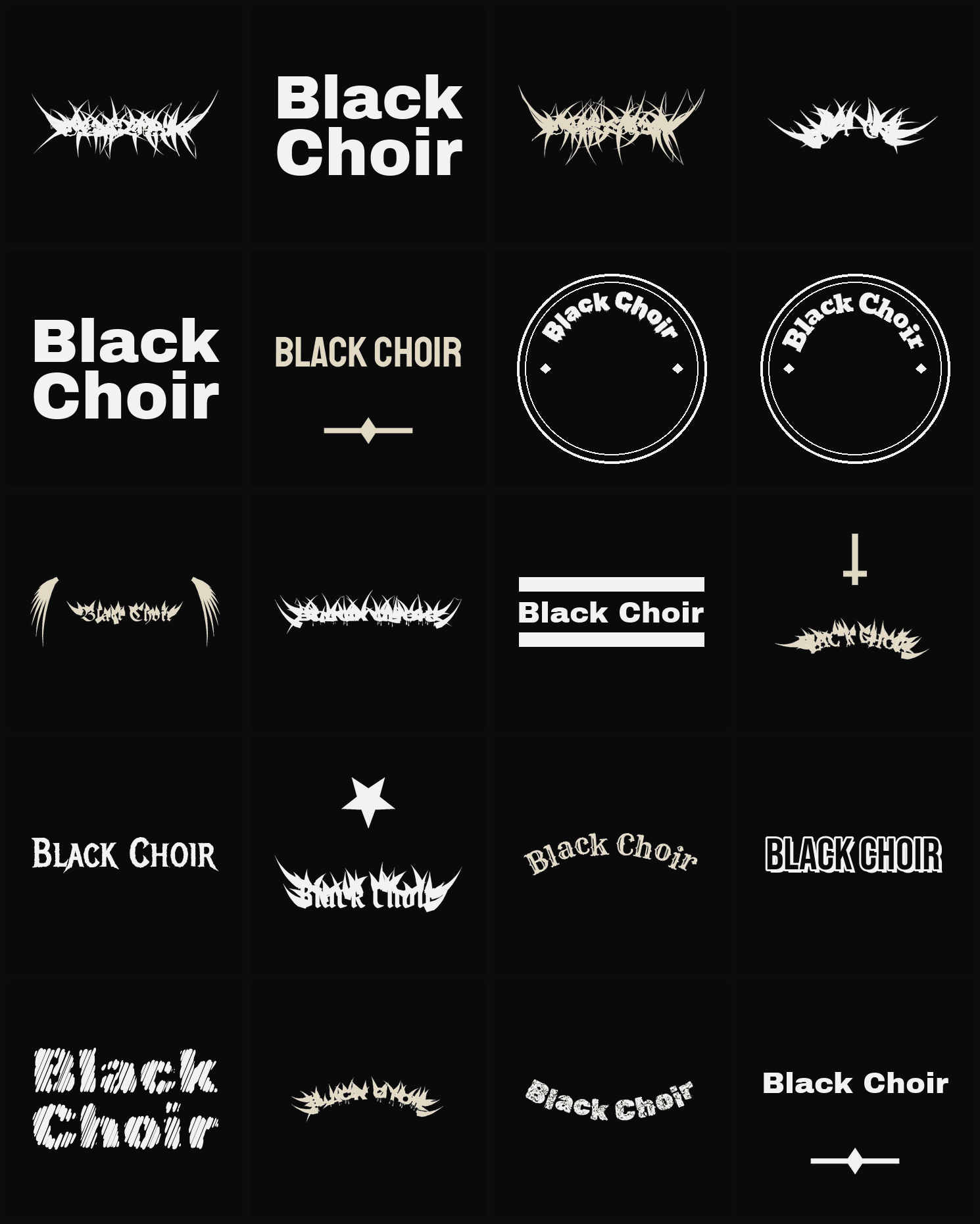 Twenty Black Choir band logo ideas — different faces, treatments and spike settings