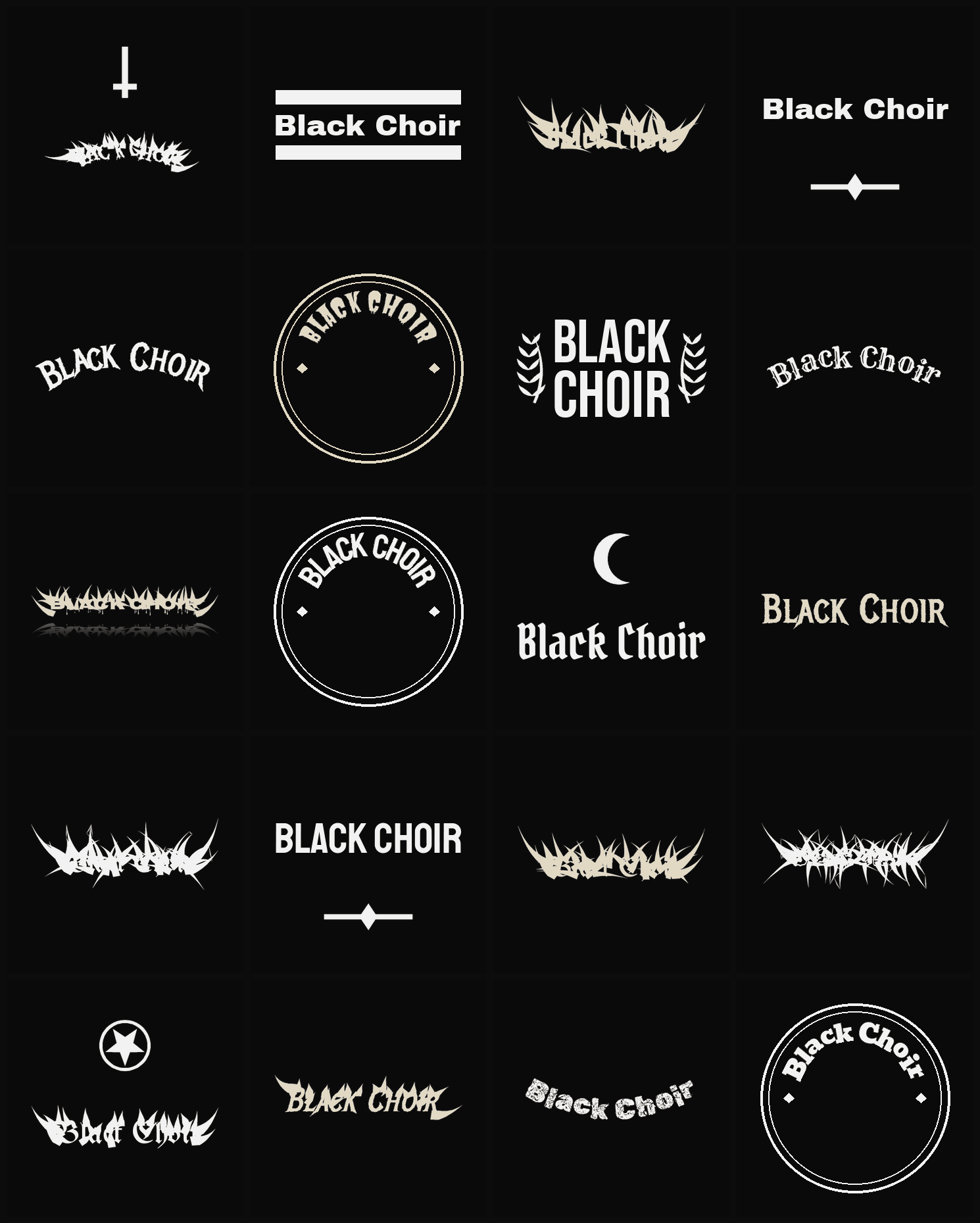 Twenty Black Choir band logo ideas — different faces, treatments and spike settings