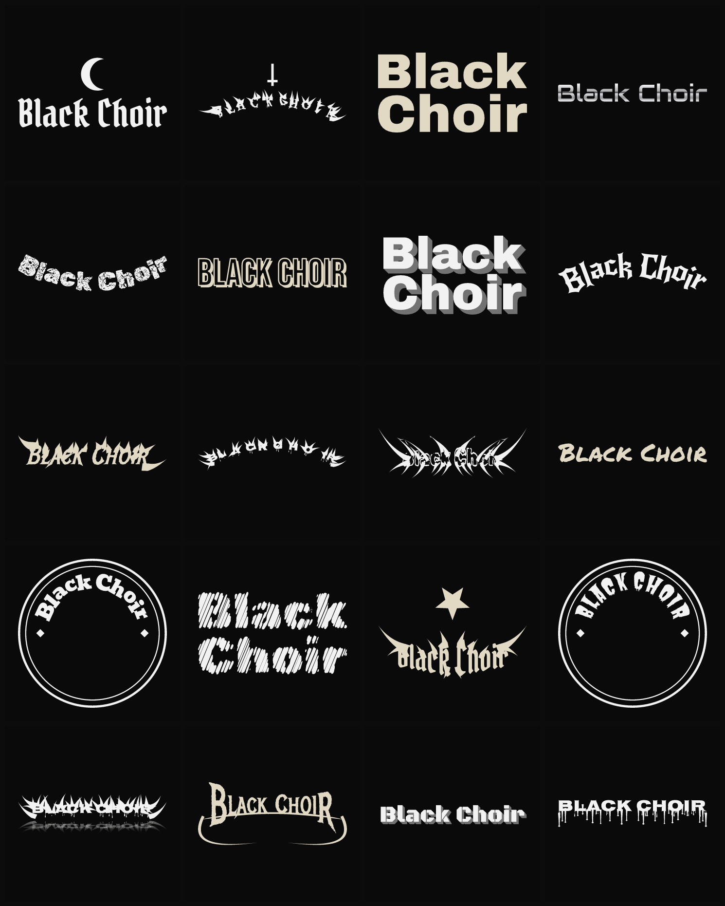 Twenty Black Choir band logo ideas — different faces, treatments and spike settings