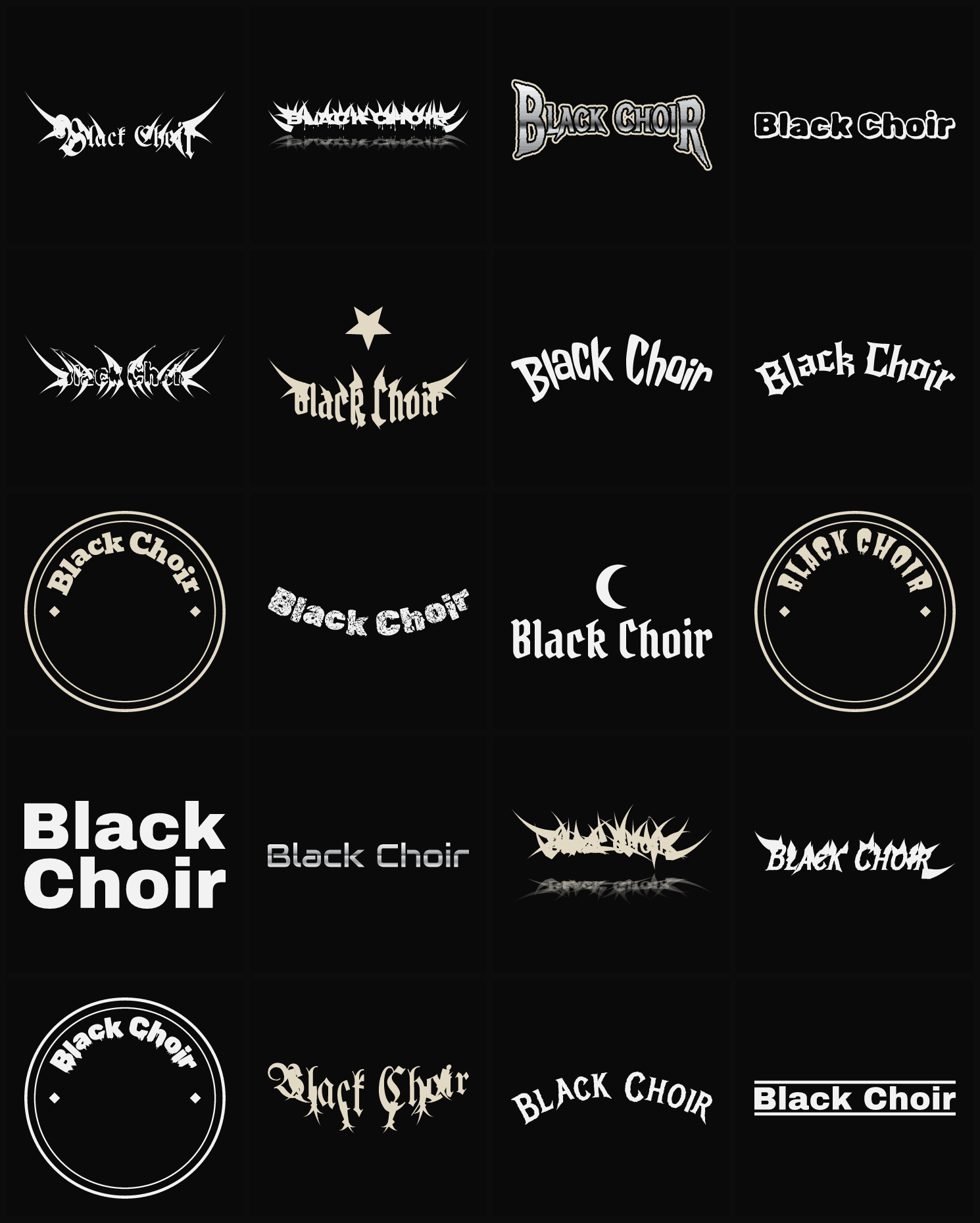 Twenty Black Choir band logo ideas — different faces, treatments and spike settings