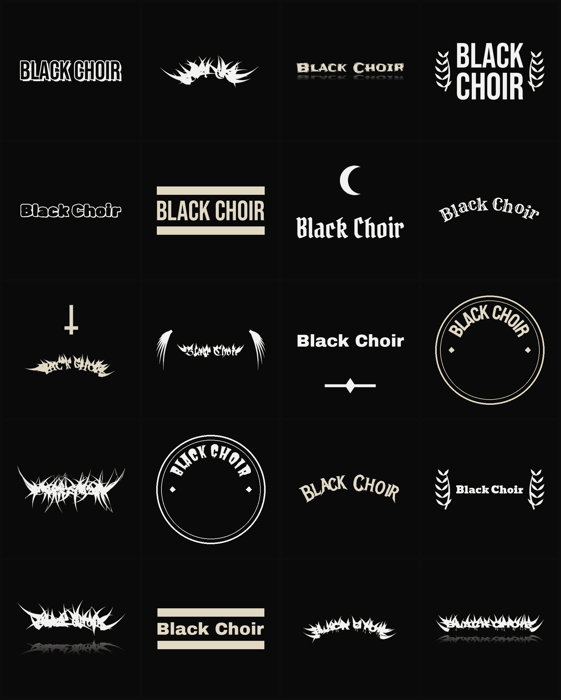Twenty Black Choir band logo ideas — different faces, treatments and spike settings