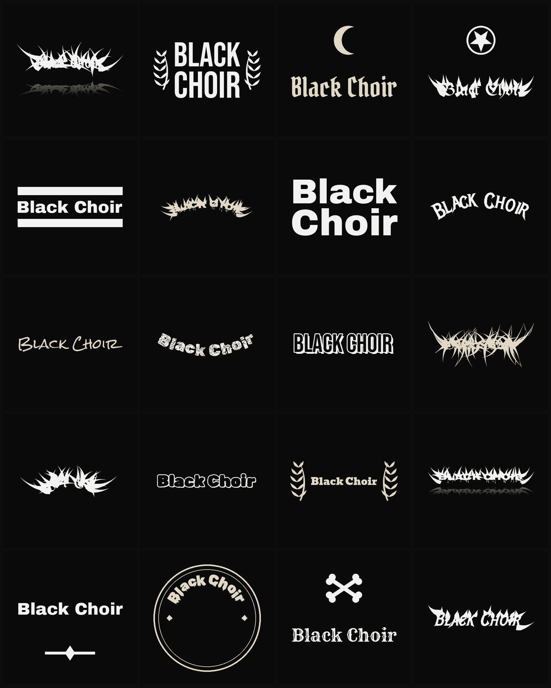 Twenty Black Choir band logo ideas — different faces, treatments and spike settings