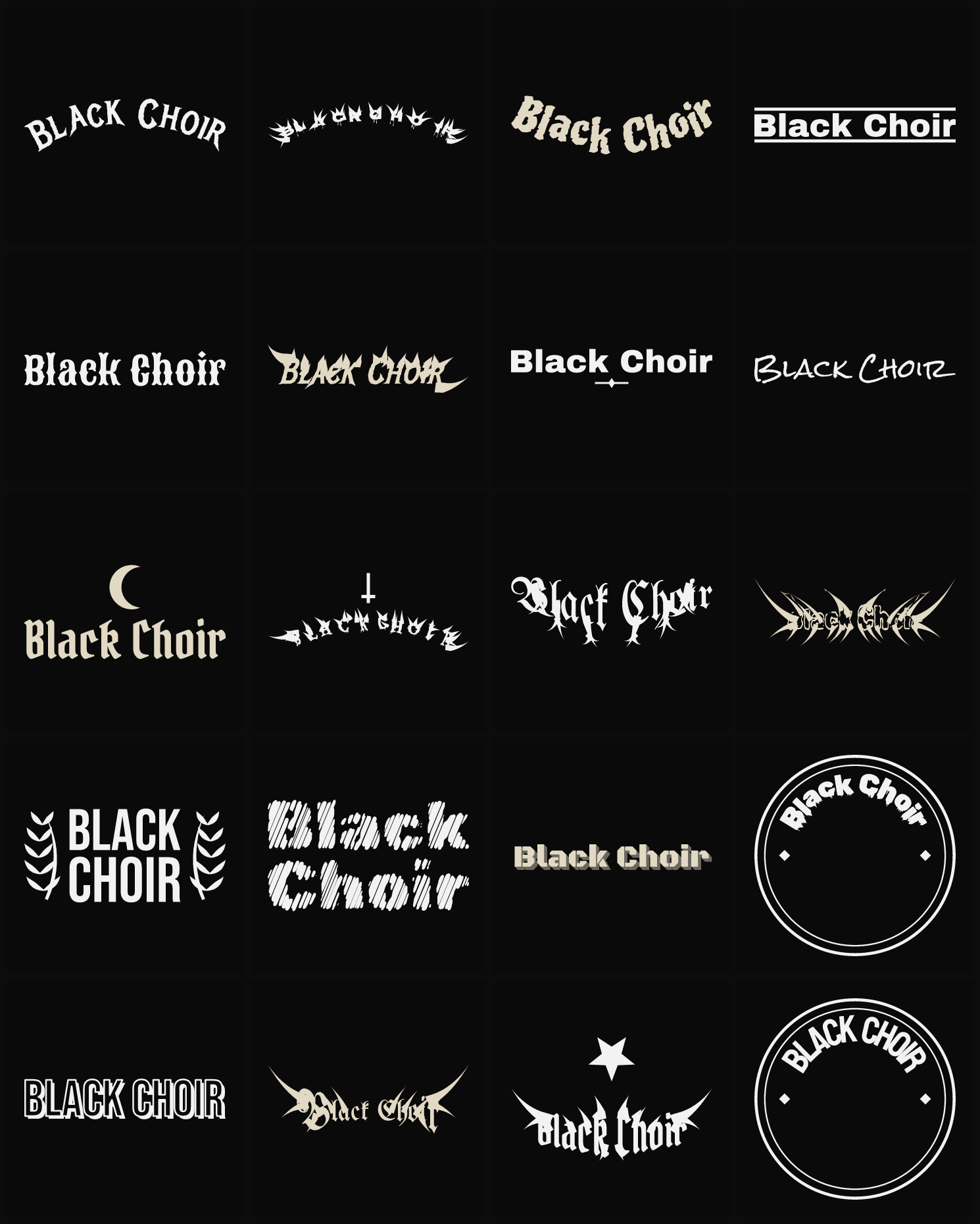 Twenty Black Choir band logo ideas — different faces, treatments and spike settings