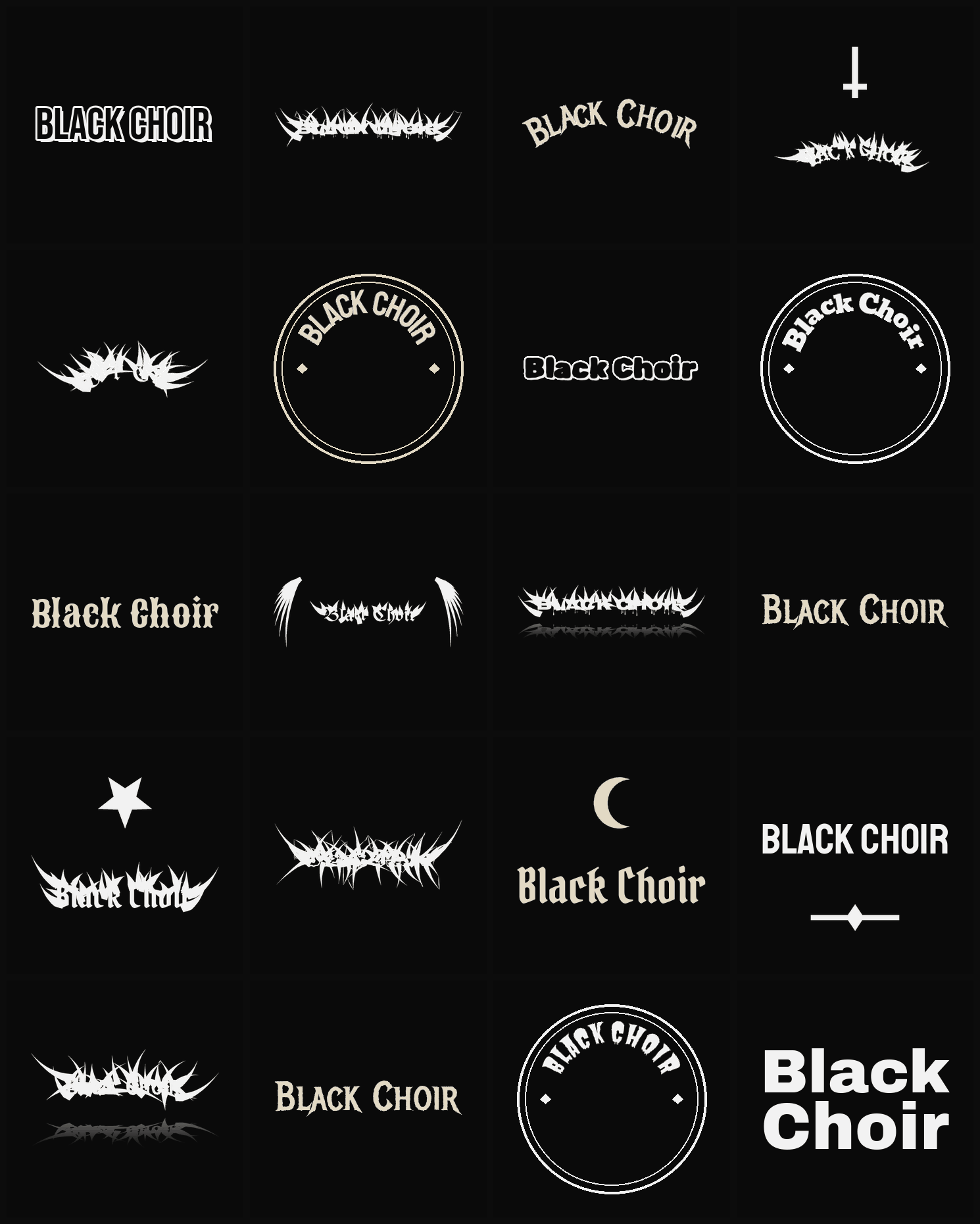 Twenty Black Choir band logo ideas — different faces, treatments and spike settings