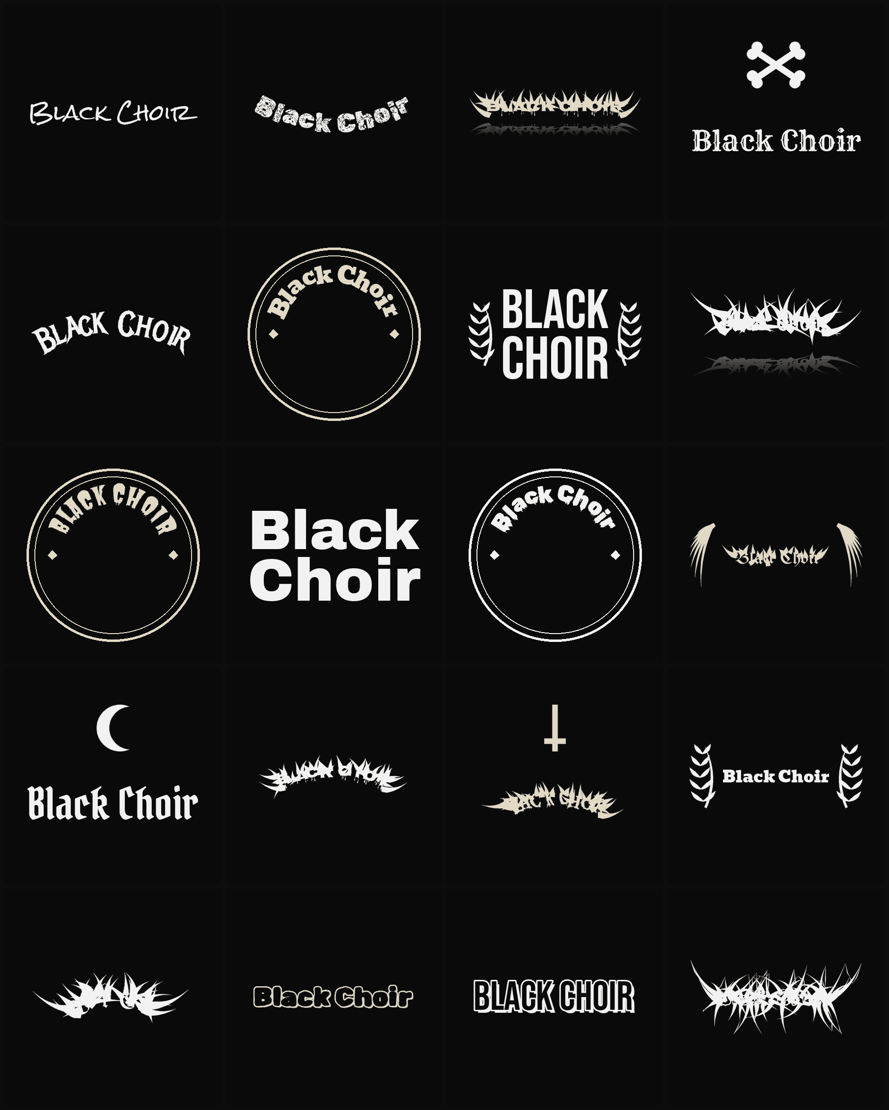 Twenty Black Choir band logo ideas — different faces, treatments and spike settings