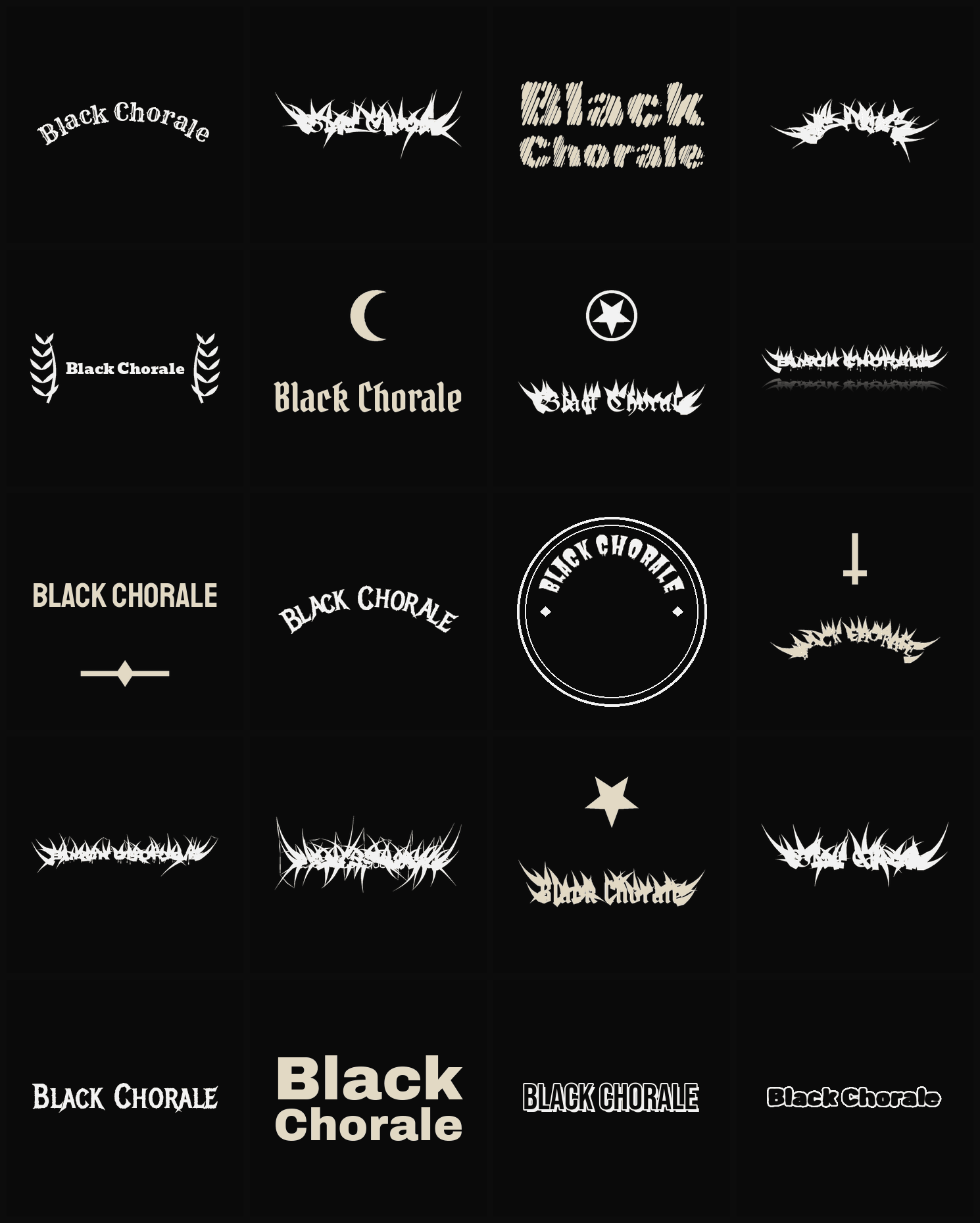 Twenty Black Chorale band logo ideas — different faces, treatments and spike settings