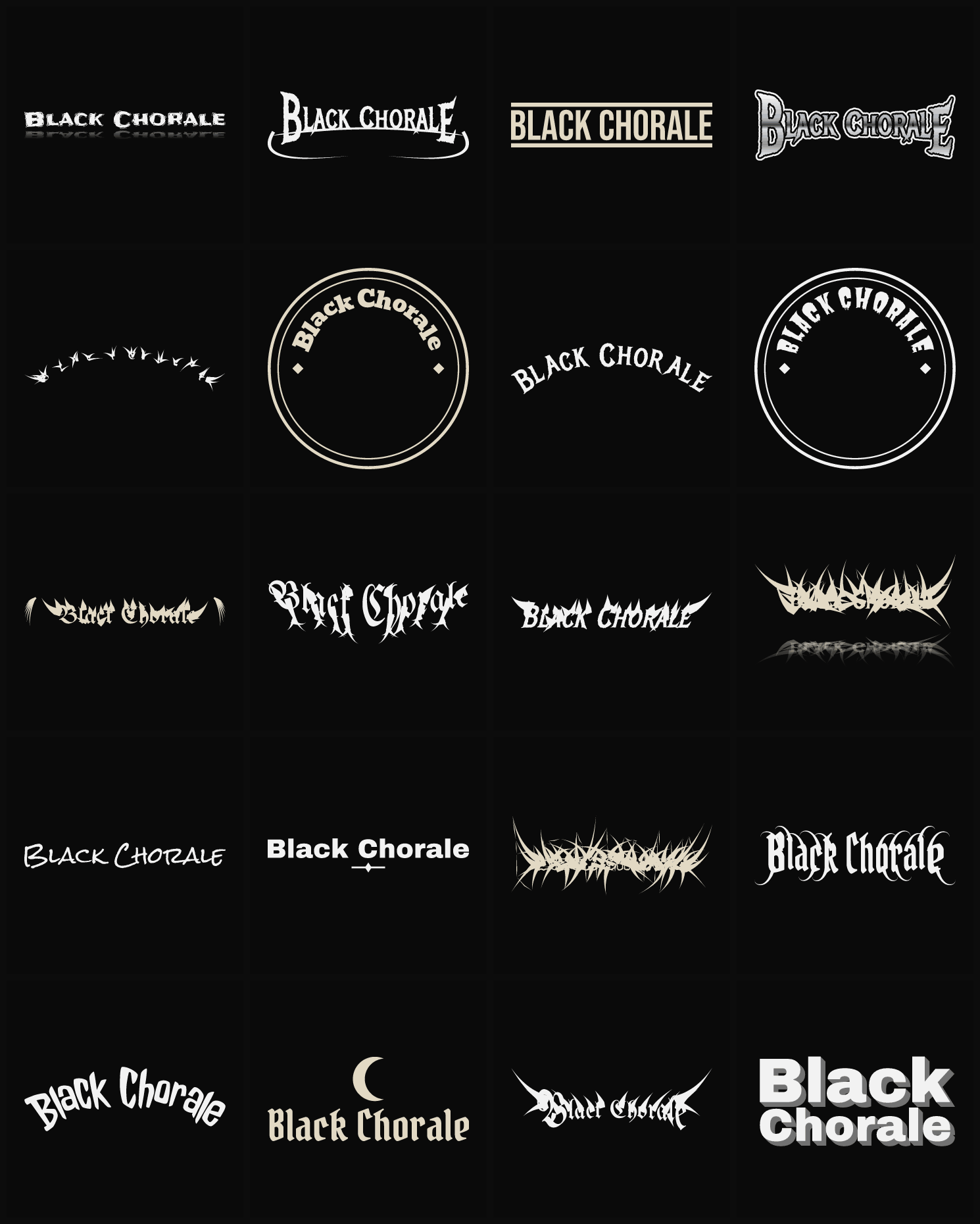 Twenty Black Chorale band logo ideas — different faces, treatments and spike settings