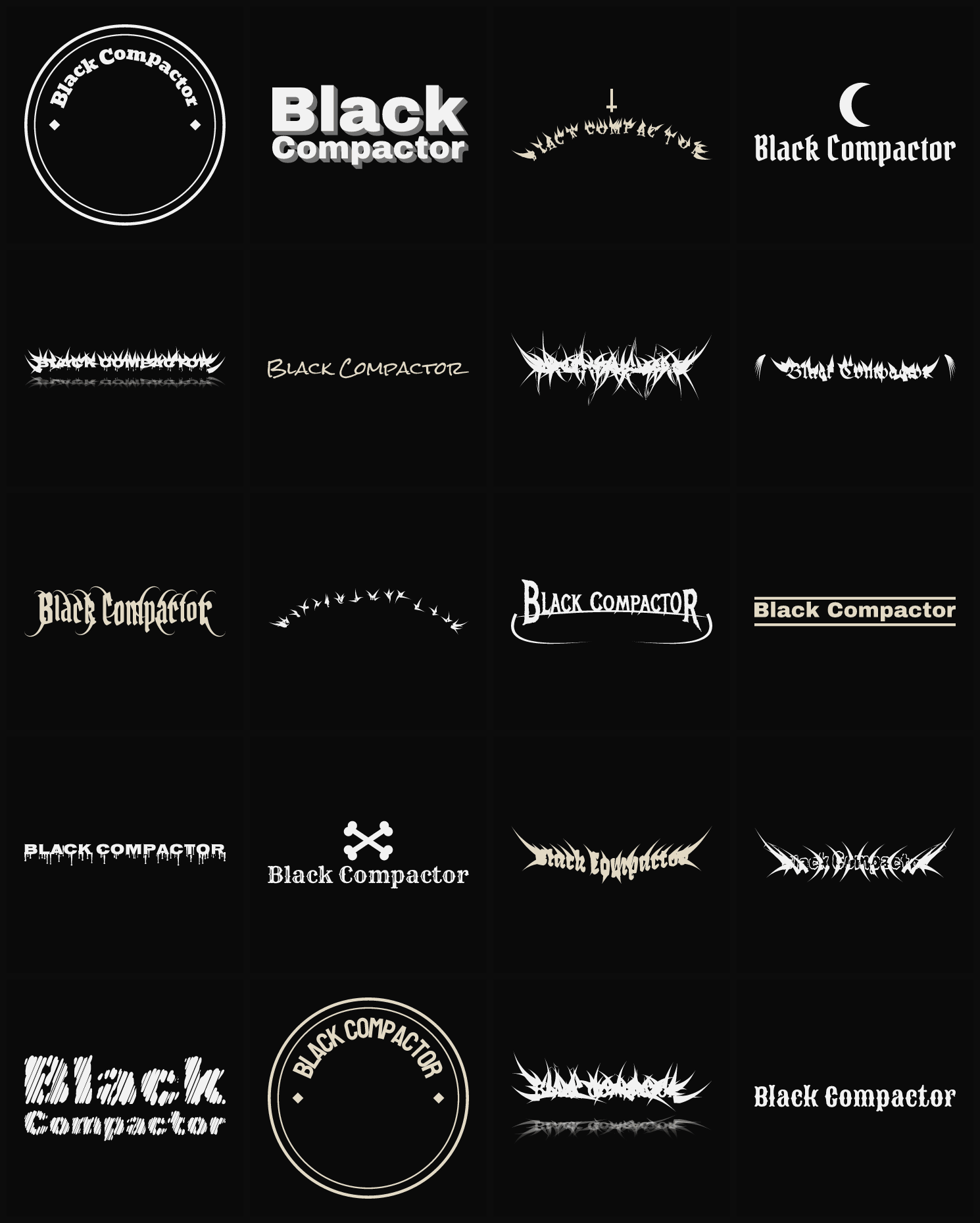 Twenty Black Compactor band logo ideas — different faces, treatments and spike settings