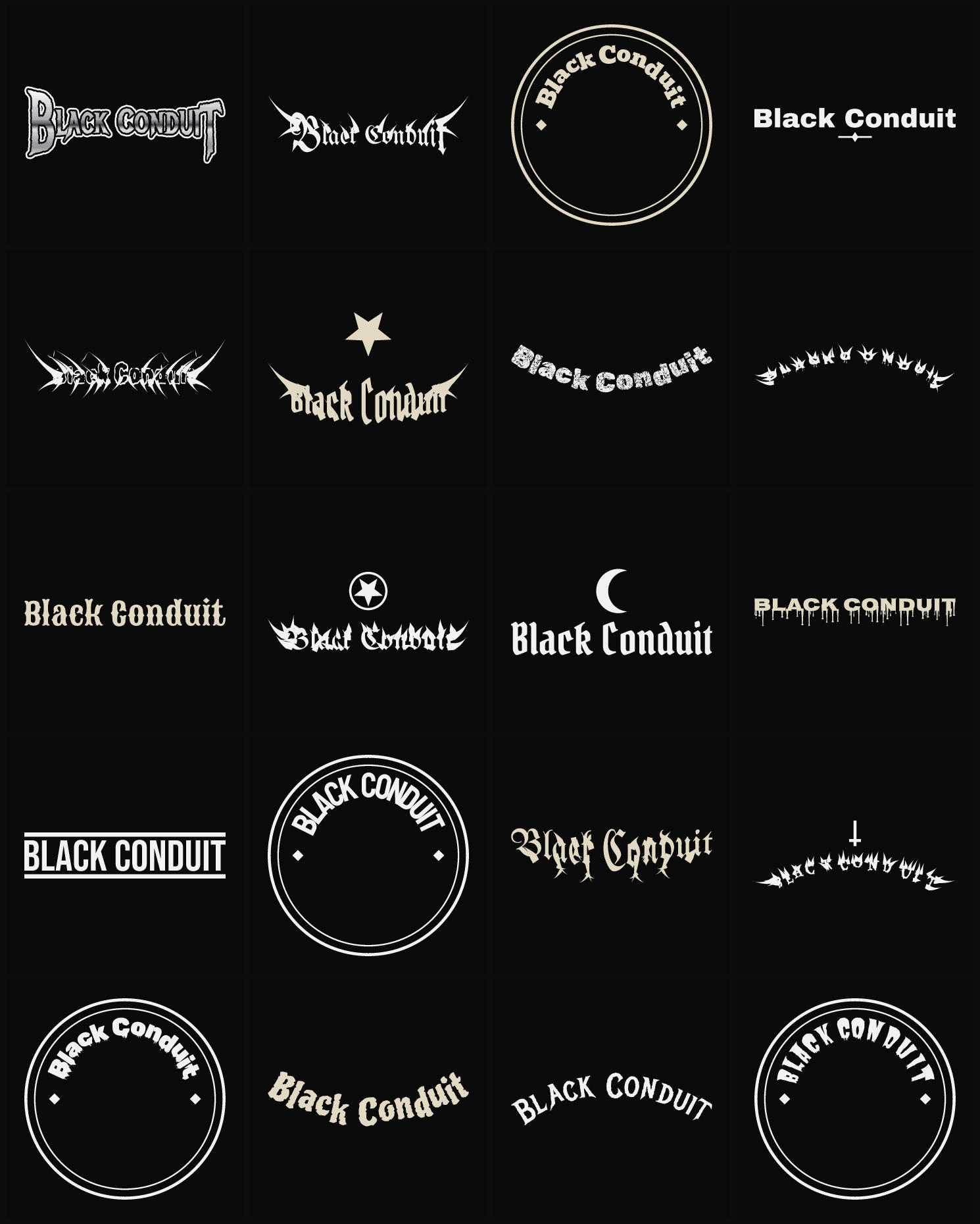 Twenty Black Conduit band logo ideas — different faces, treatments and spike settings