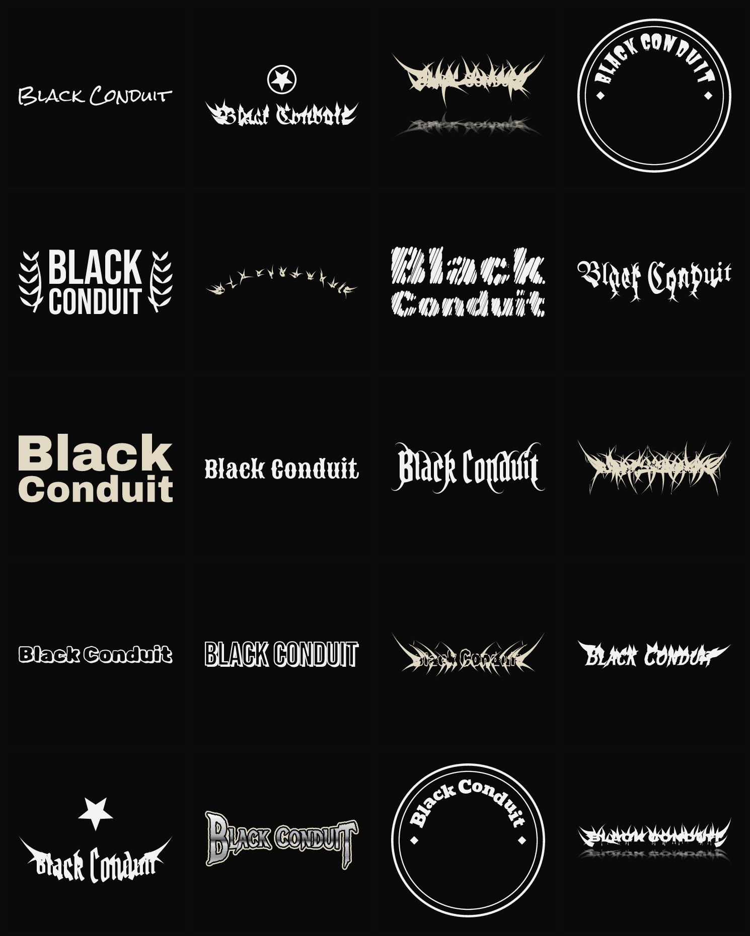 Twenty Black Conduit band logo ideas — different faces, treatments and spike settings