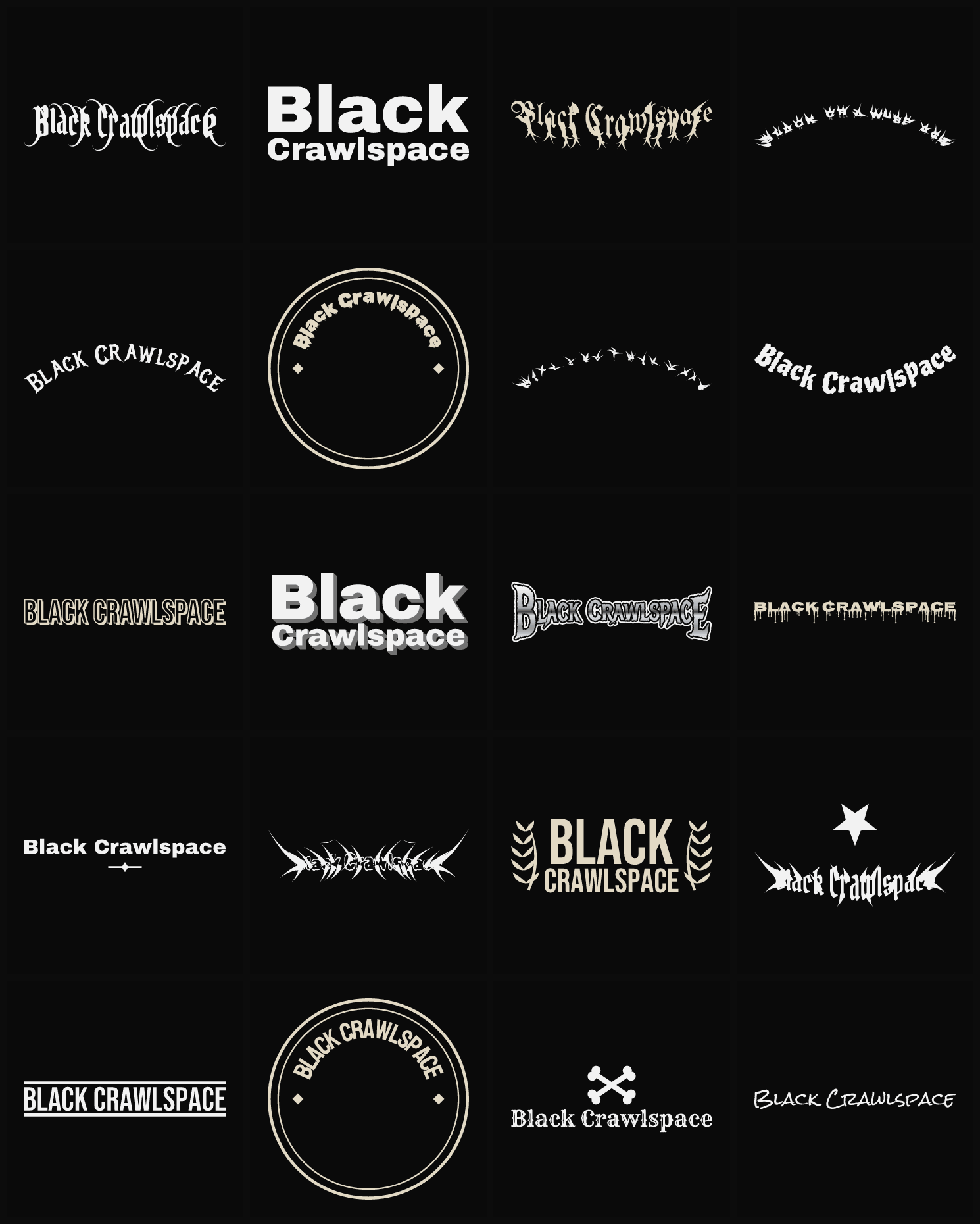 Twenty Black Crawlspace band logo ideas — different faces, treatments and spike settings
