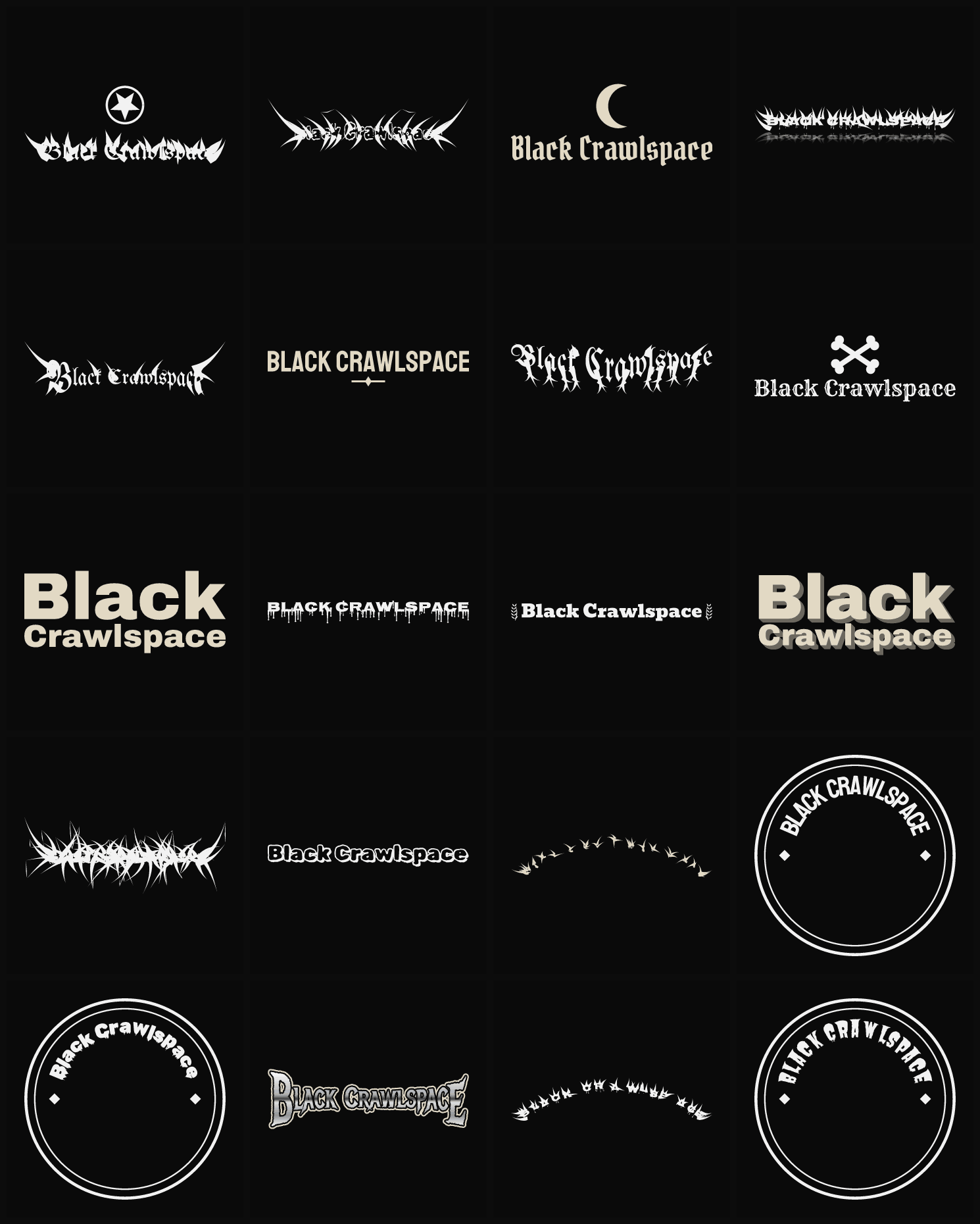 Twenty Black Crawlspace band logo ideas — different faces, treatments and spike settings