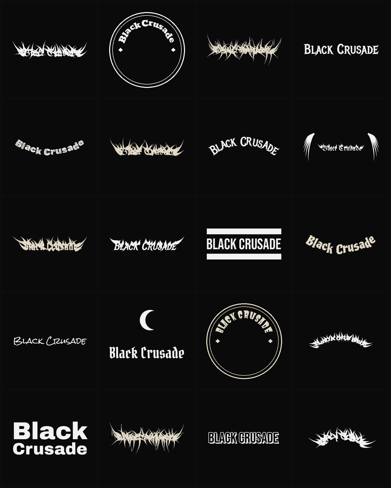 Twenty Black Crusade band logo ideas — different faces, treatments and spike settings