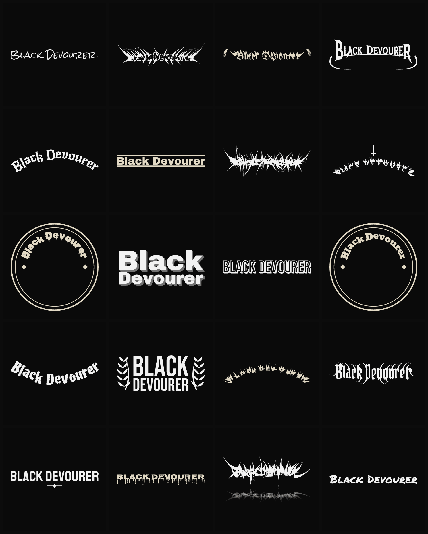 Twenty Black Devourer band logo ideas — different faces, treatments and spike settings