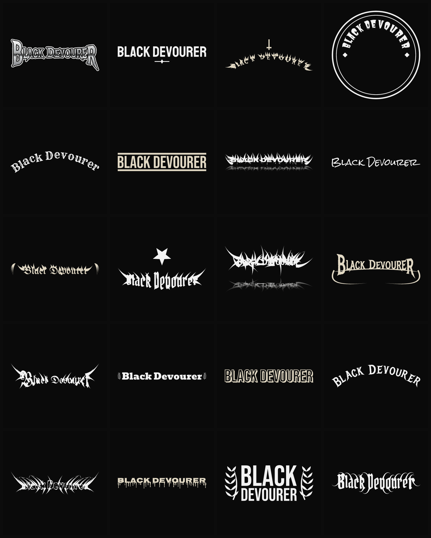 Twenty Black Devourer band logo ideas — different faces, treatments and spike settings