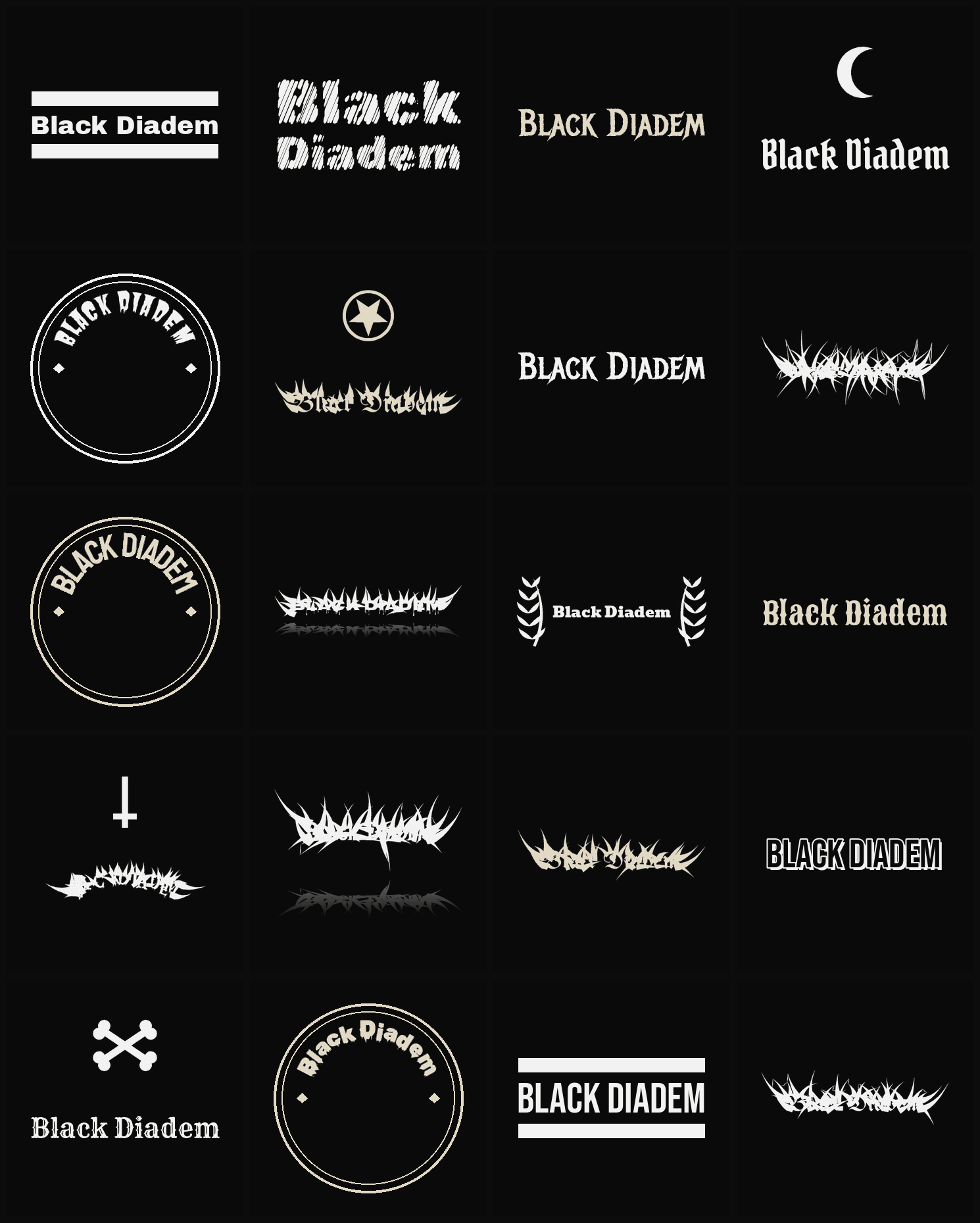Twenty Black Diadem band logo ideas — different faces, treatments and spike settings