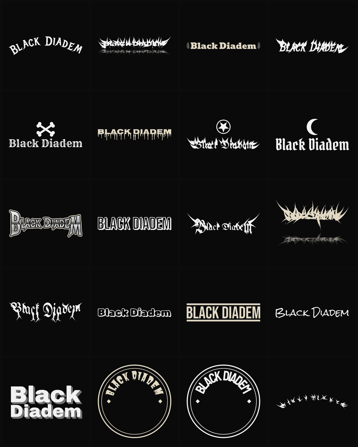 Twenty Black Diadem band logo ideas — different faces, treatments and spike settings