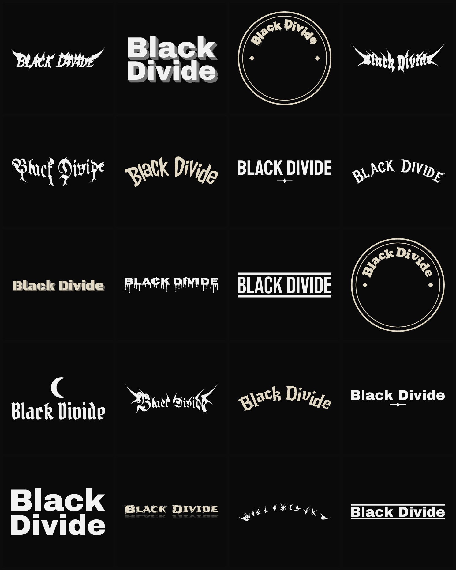 Twenty Black Divide band logo ideas — different faces, treatments and spike settings