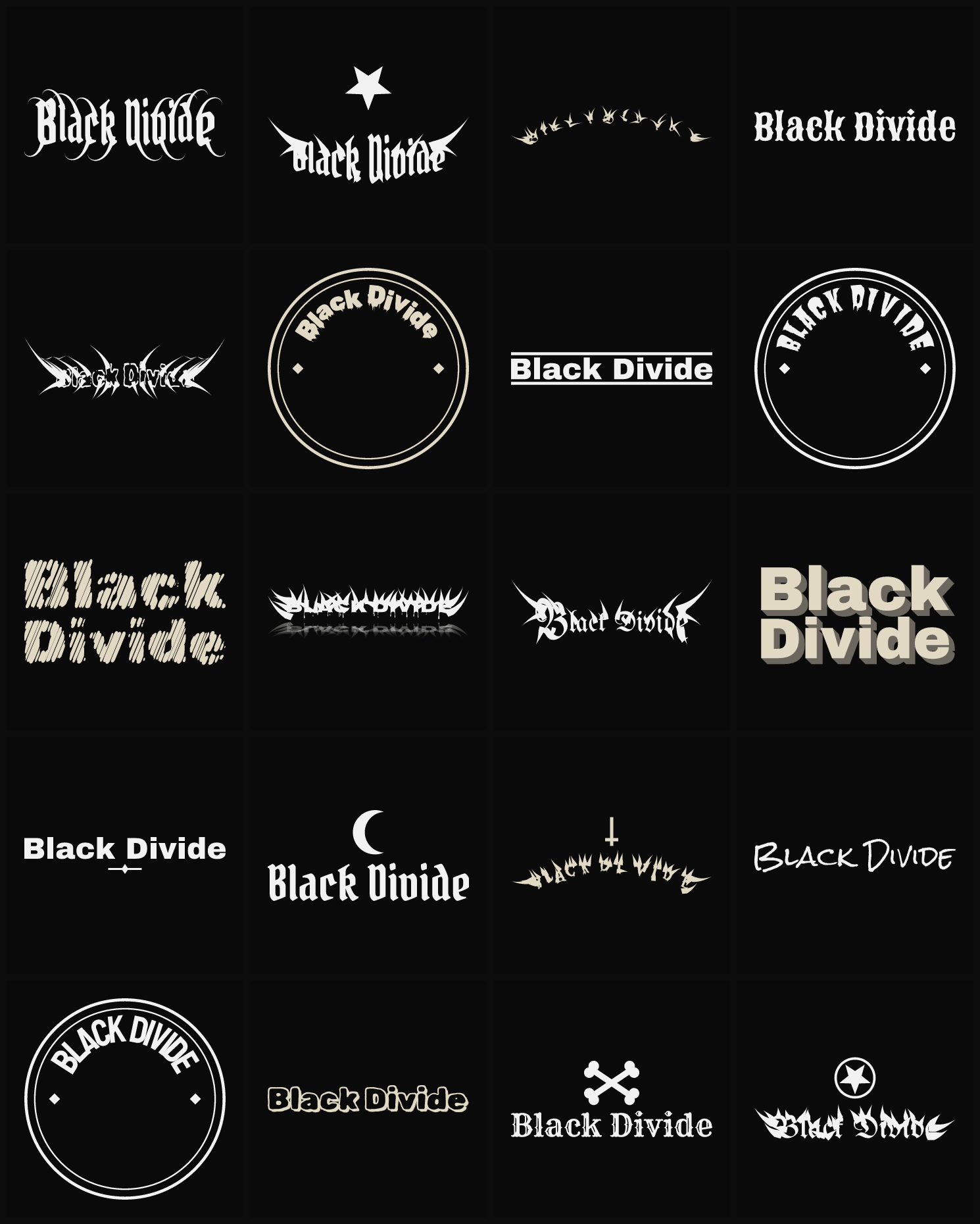 Twenty Black Divide band logo ideas — different faces, treatments and spike settings