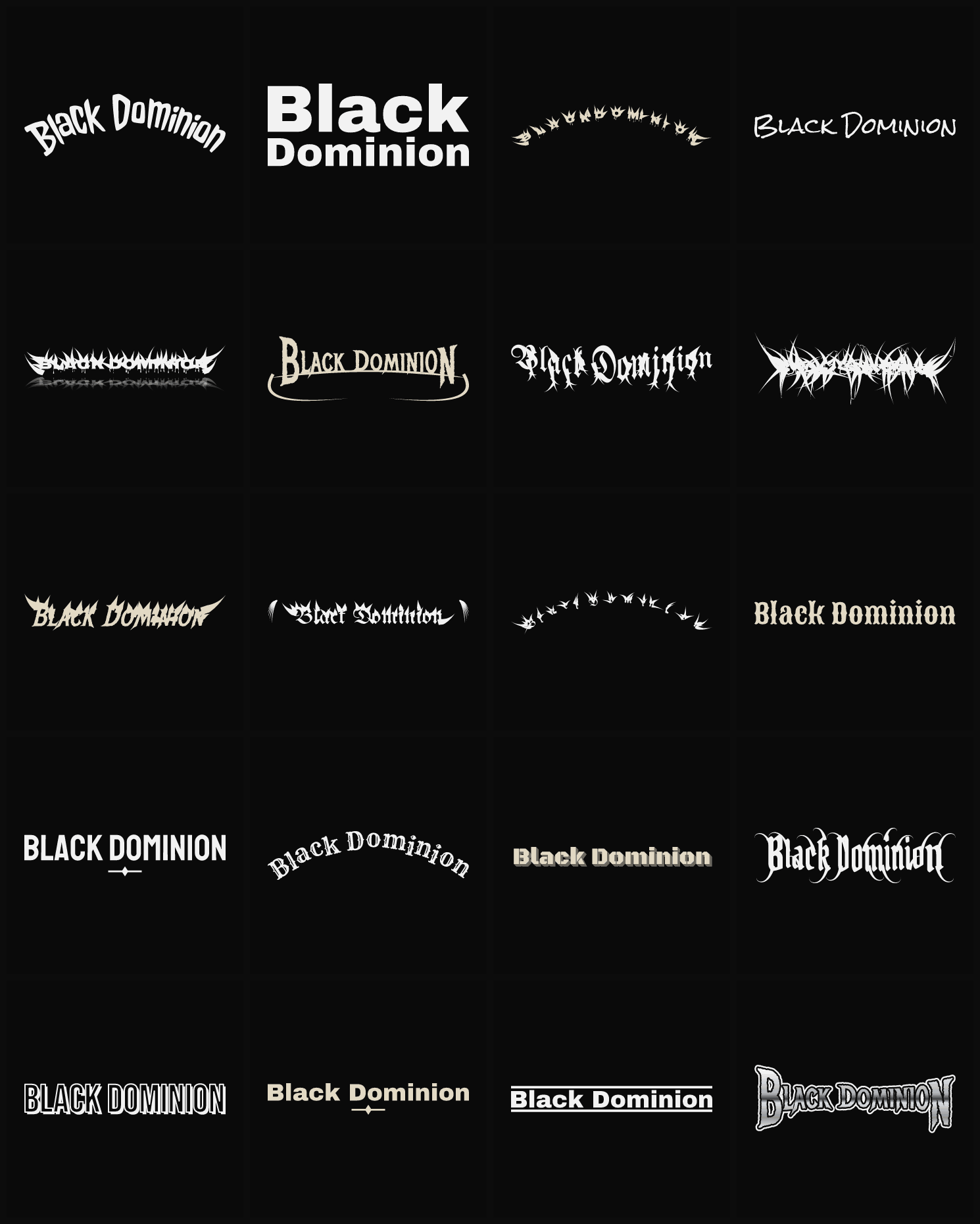 Twenty Black Dominion band logo ideas — different faces, treatments and spike settings