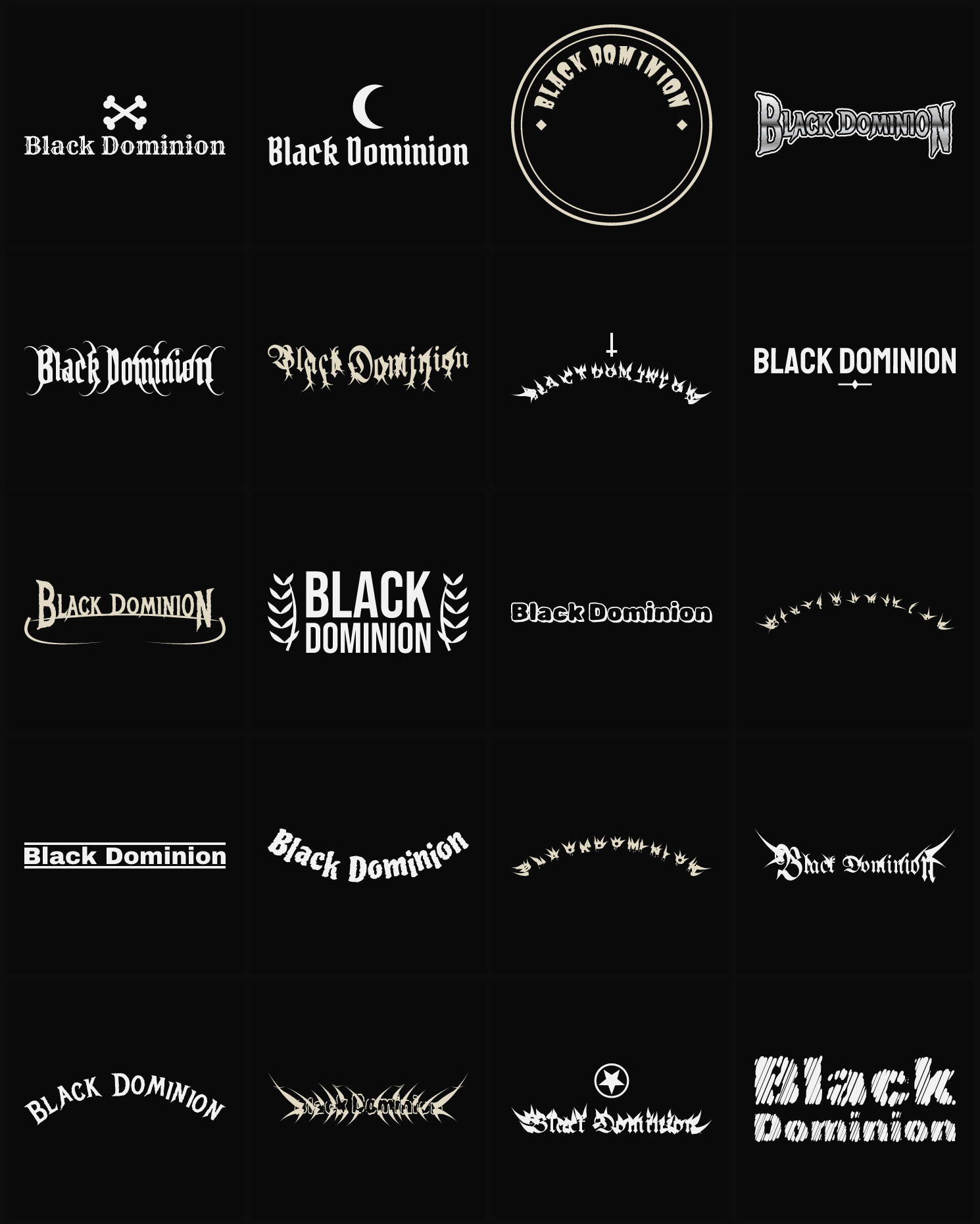Twenty Black Dominion band logo ideas — different faces, treatments and spike settings