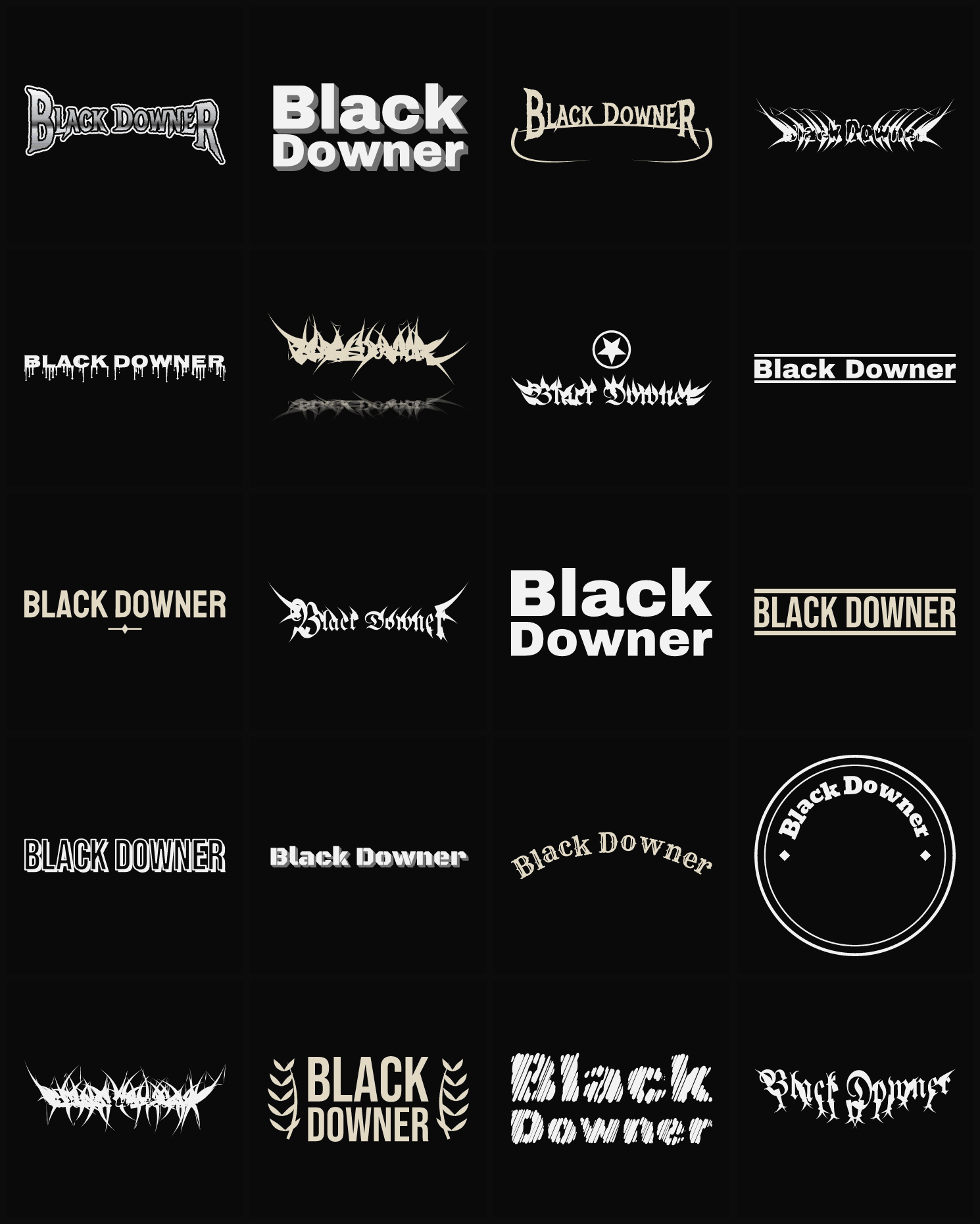 Twenty Black Downer band logo ideas — different faces, treatments and spike settings