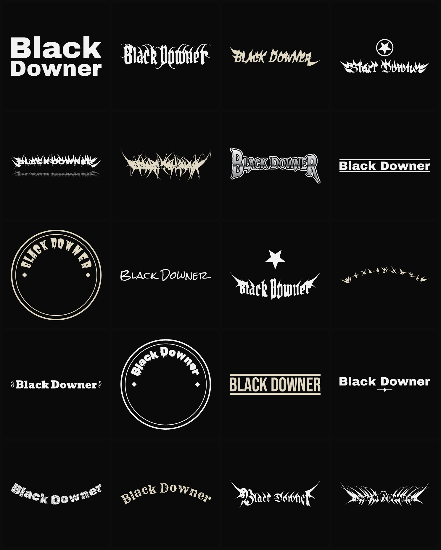 Twenty Black Downer band logo ideas — different faces, treatments and spike settings