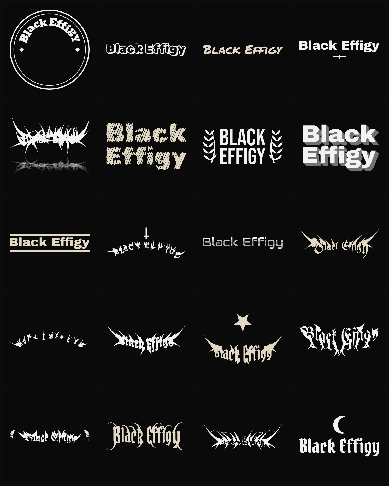 Twenty Black Effigy band logo ideas — different faces, treatments and spike settings