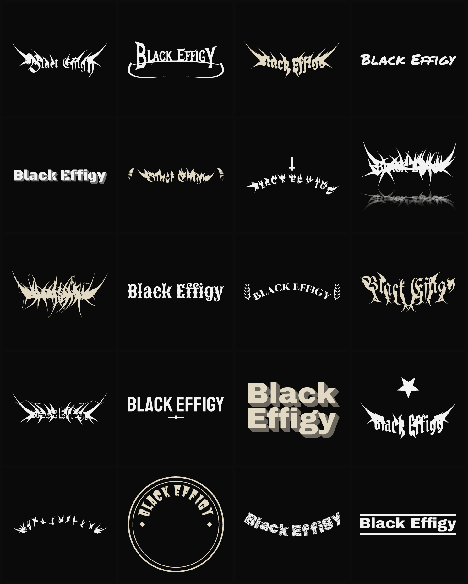 Twenty Black Effigy band logo ideas — different faces, treatments and spike settings