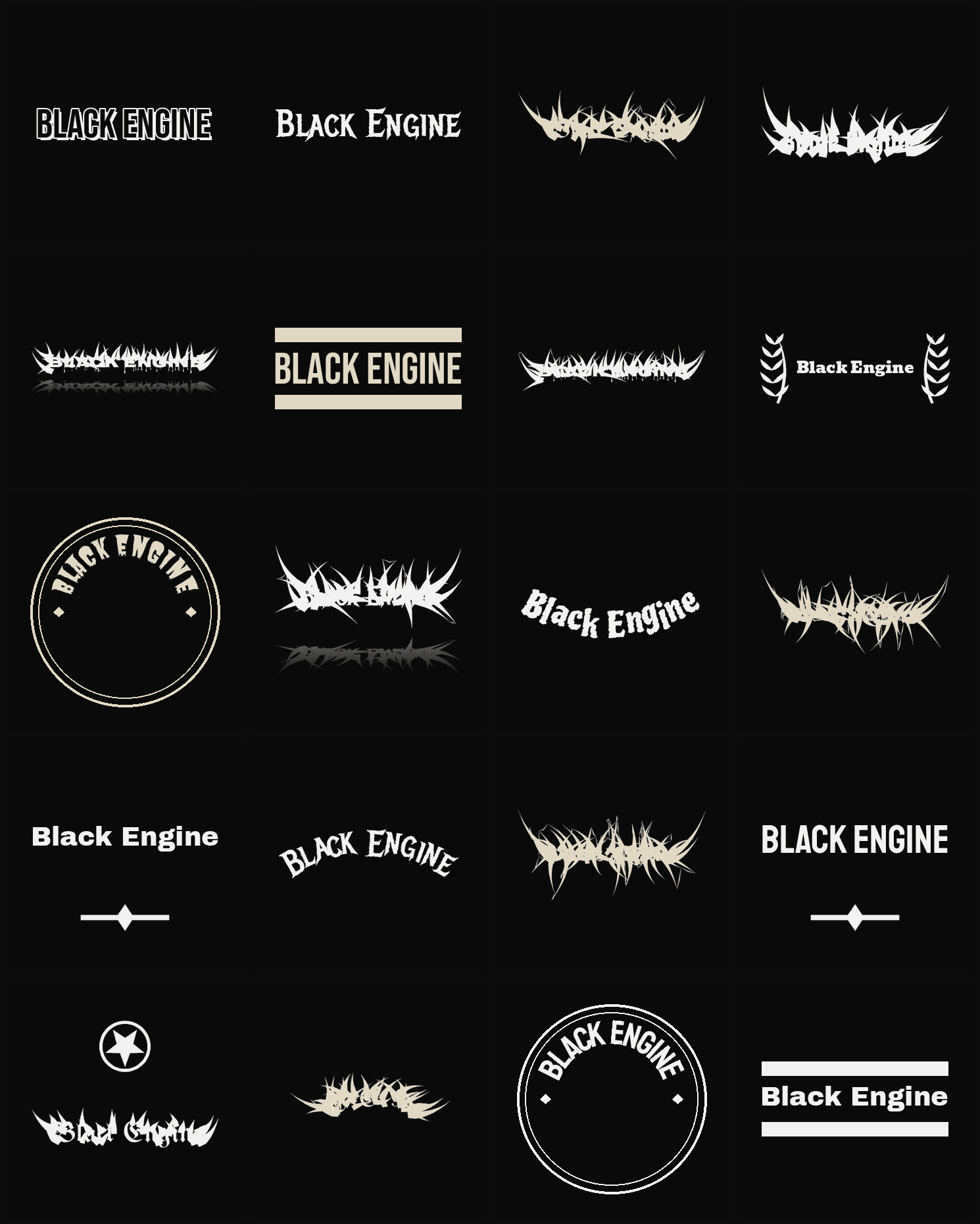 Twenty Black Engine band logo ideas — different faces, treatments and spike settings