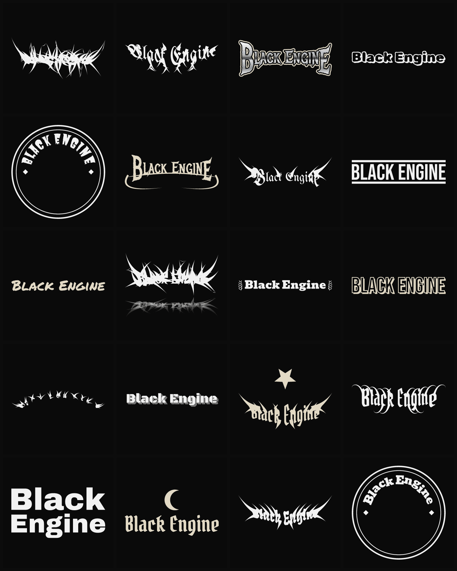 Twenty Black Engine band logo ideas — different faces, treatments and spike settings