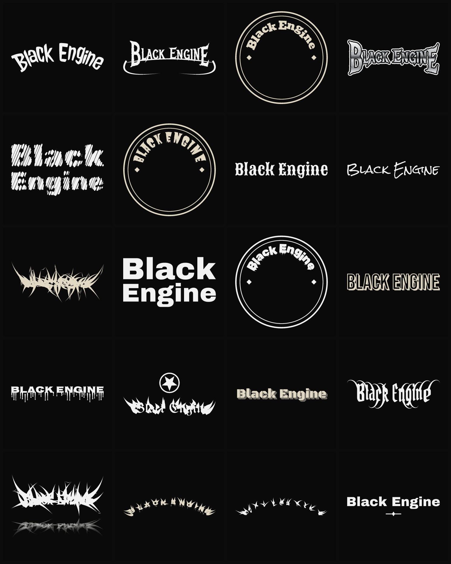 Twenty Black Engine band logo ideas — different faces, treatments and spike settings