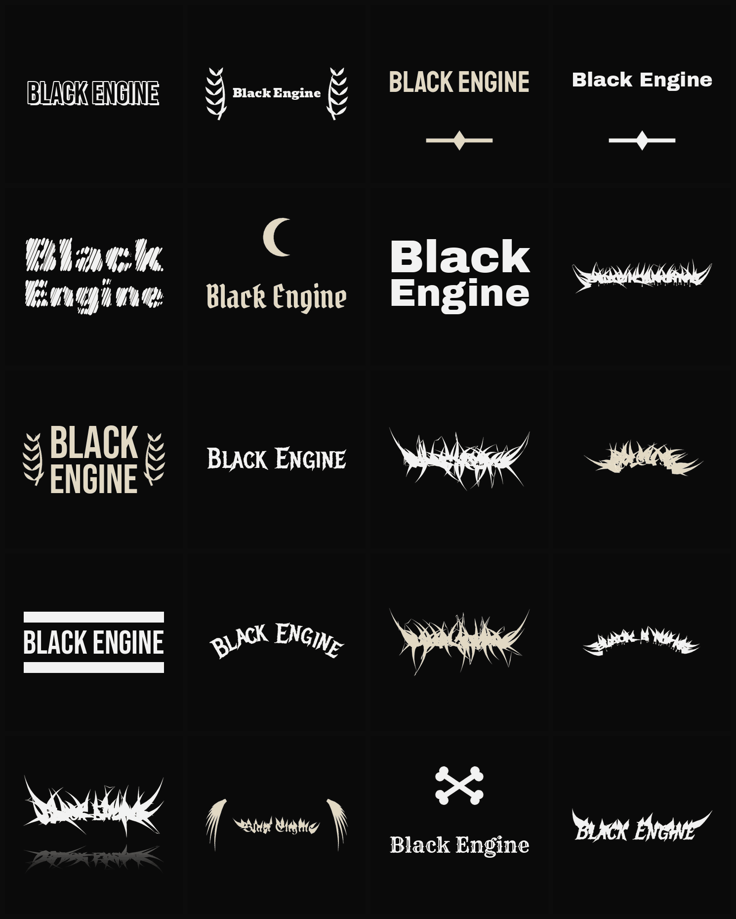 Twenty Black Engine band logo ideas — different faces, treatments and spike settings