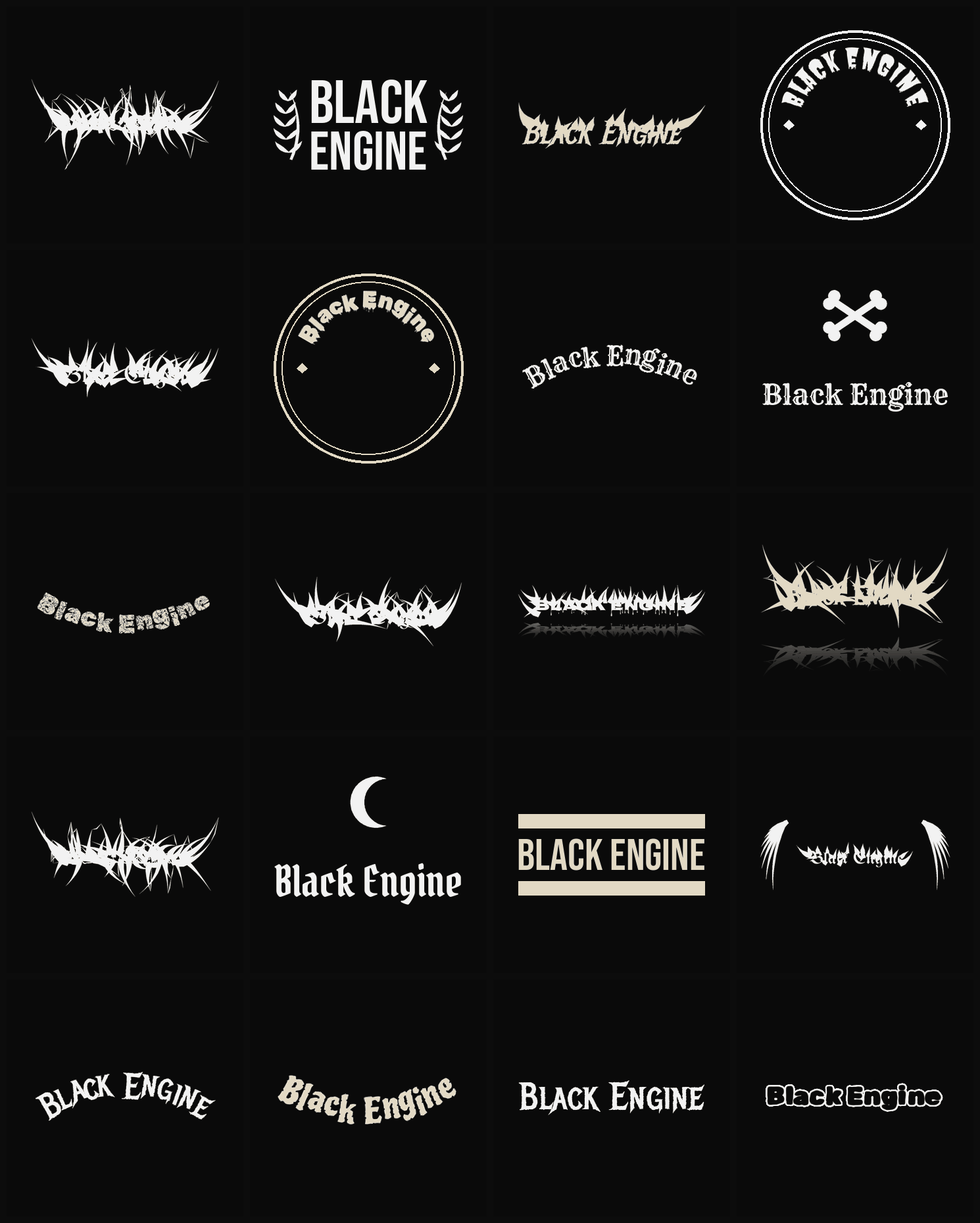 Twenty Black Engine band logo ideas — different faces, treatments and spike settings