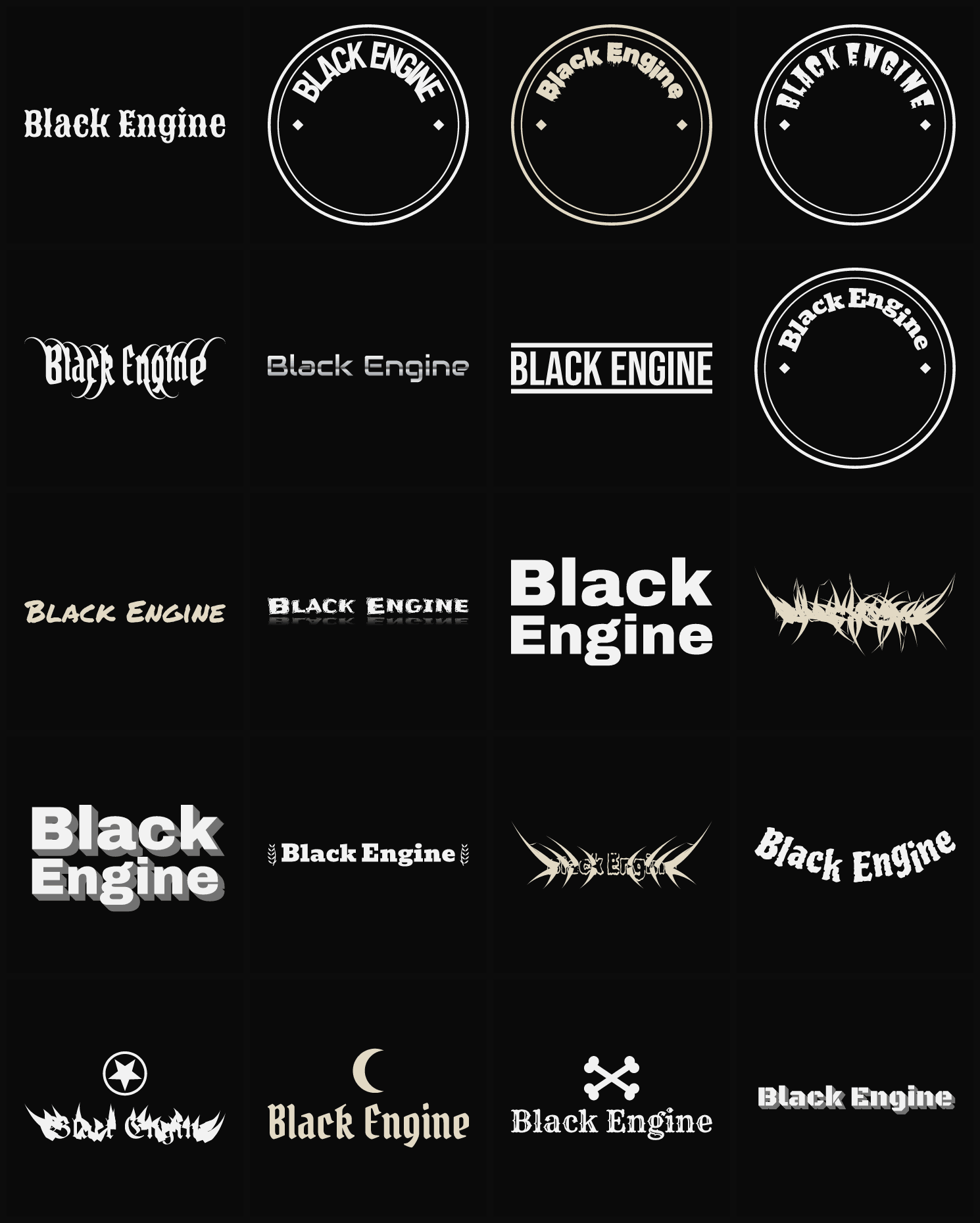 Twenty Black Engine band logo ideas — different faces, treatments and spike settings
