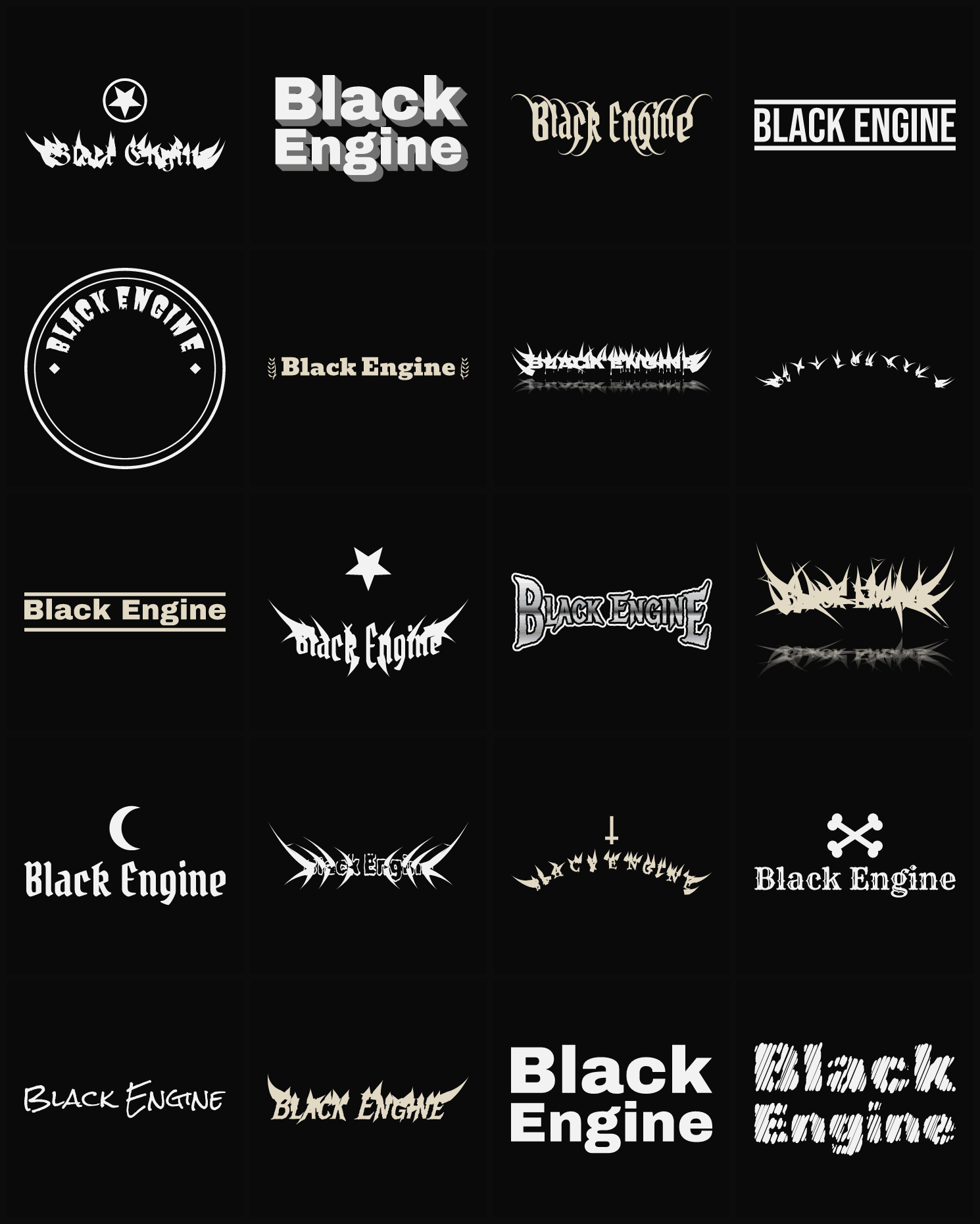 Twenty Black Engine band logo ideas — different faces, treatments and spike settings