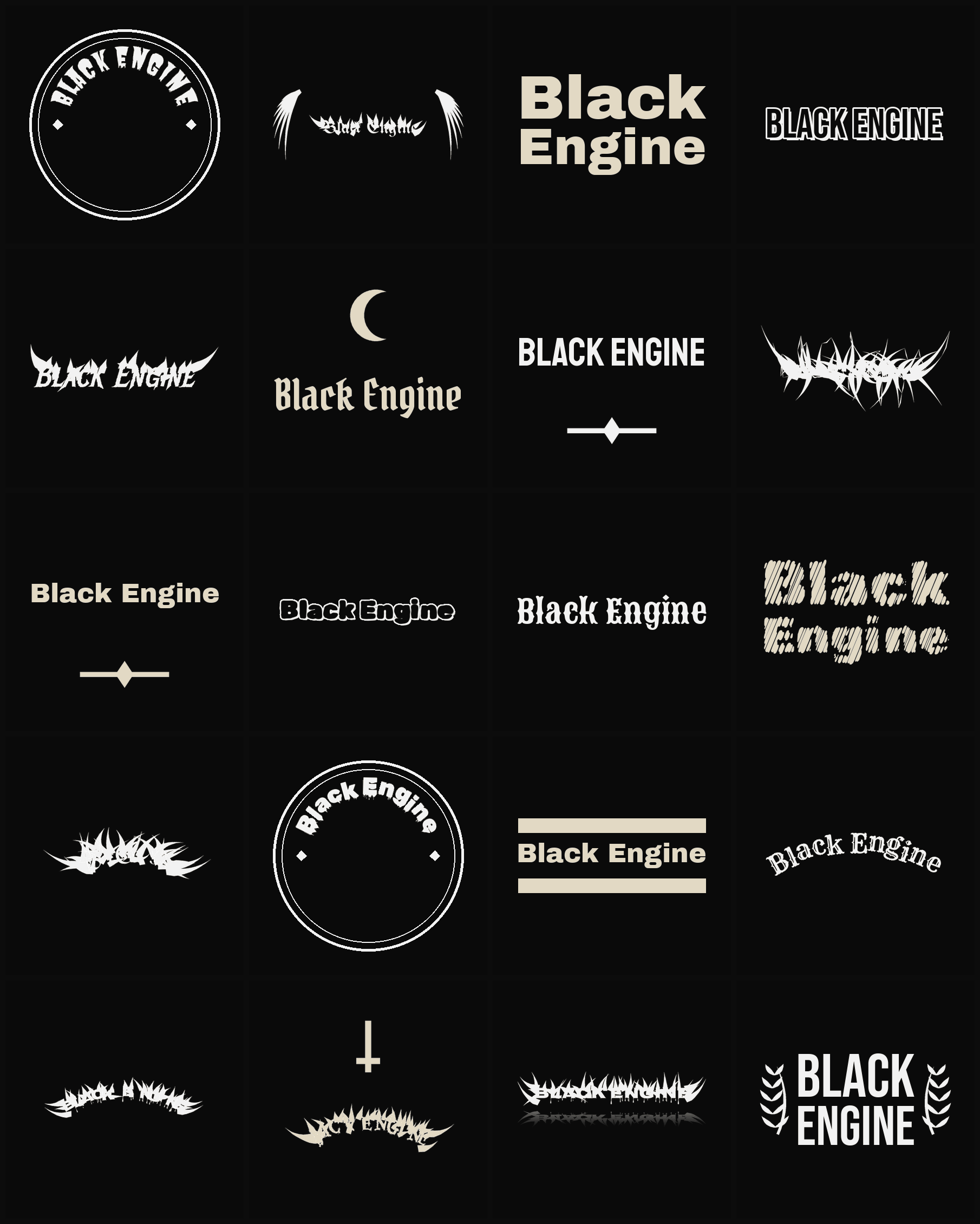 Twenty Black Engine band logo ideas — different faces, treatments and spike settings