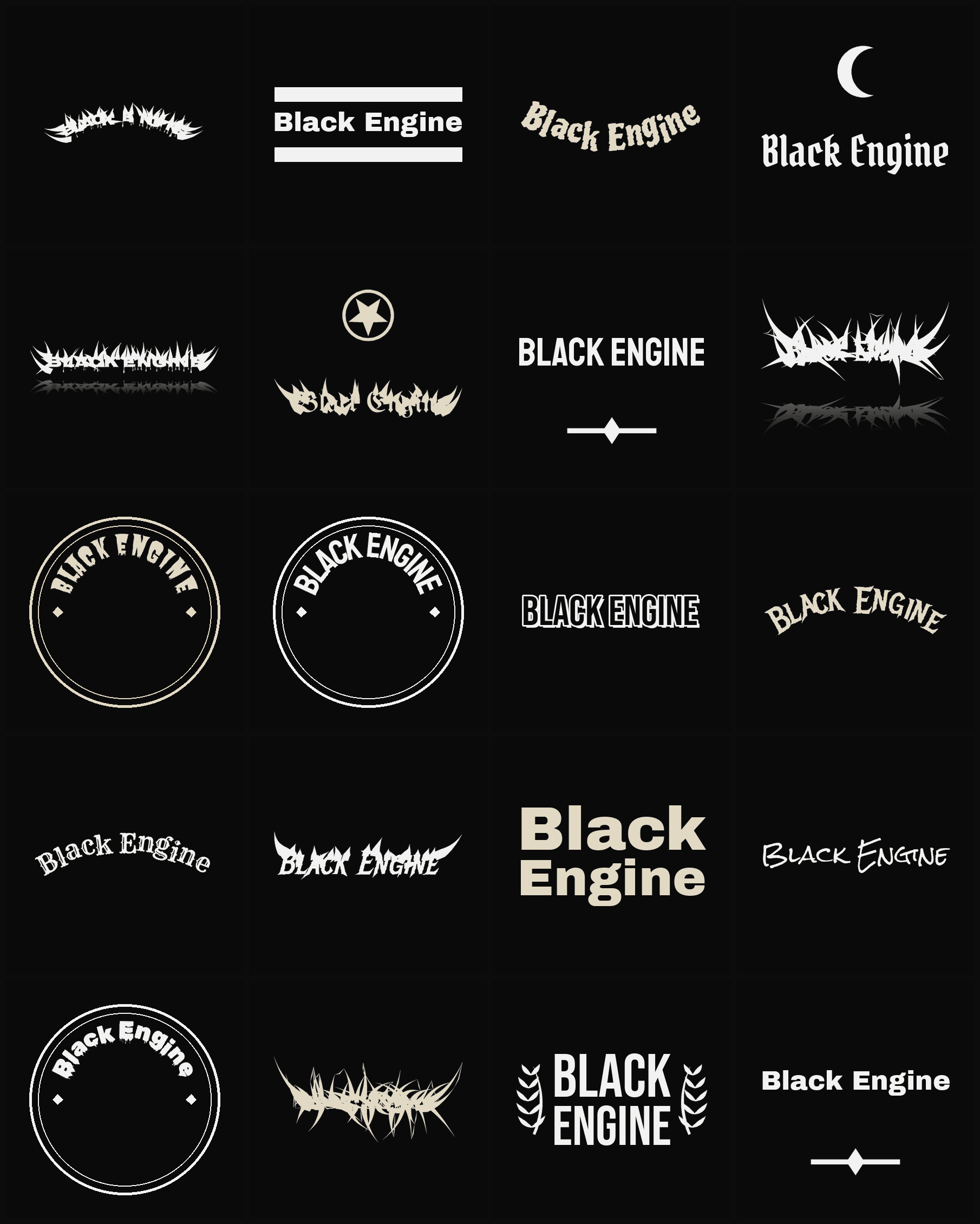 Twenty Black Engine band logo ideas — different faces, treatments and spike settings