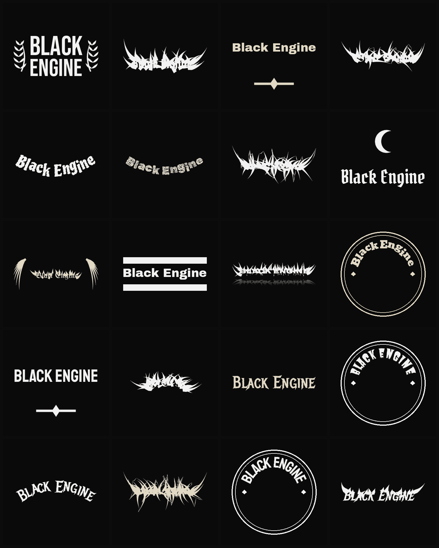 Twenty Black Engine band logo ideas — different faces, treatments and spike settings