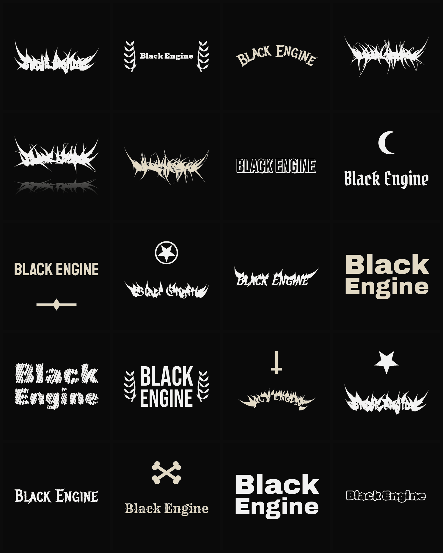 Twenty Black Engine band logo ideas — different faces, treatments and spike settings