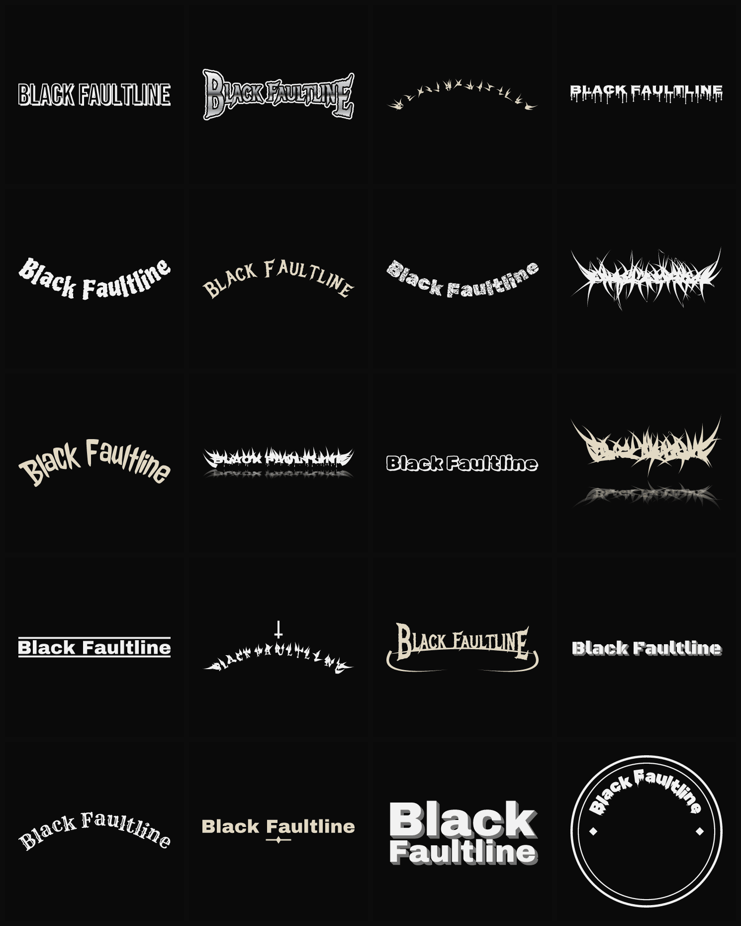 Twenty Black Faultline band logo ideas — different faces, treatments and spike settings